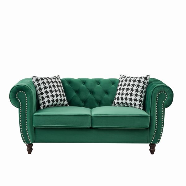 Chesterfield Sofa With Roll Armrest And Nailhead, 2 Seater Couch - Green