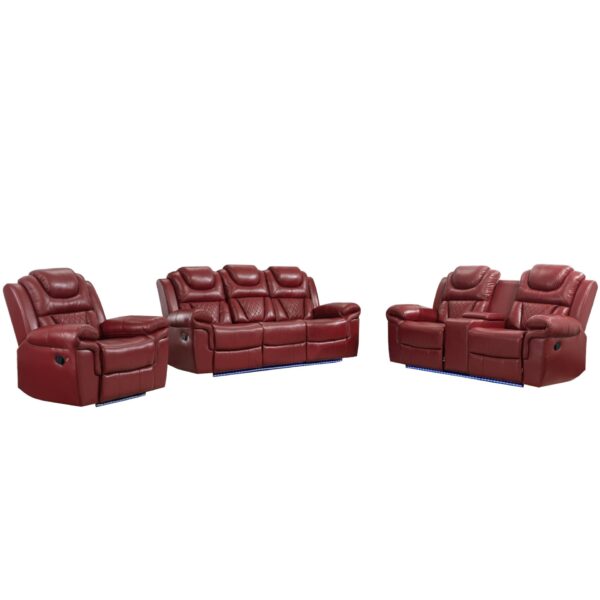 3 Pieces Recliner Sofa Sets Home Theater Seating Manual Recliner Chair With Center Console And Led Light Strip For Living Room - Wind Red