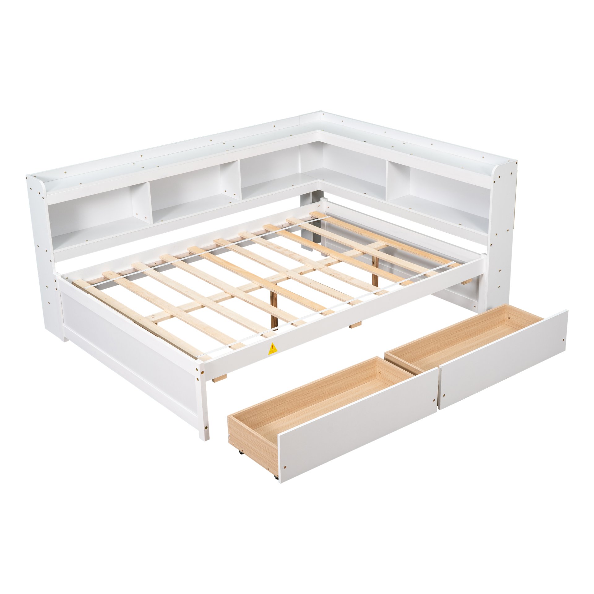 Full Bed With L-Shaped Bookcases, Drawers - White - Image 8