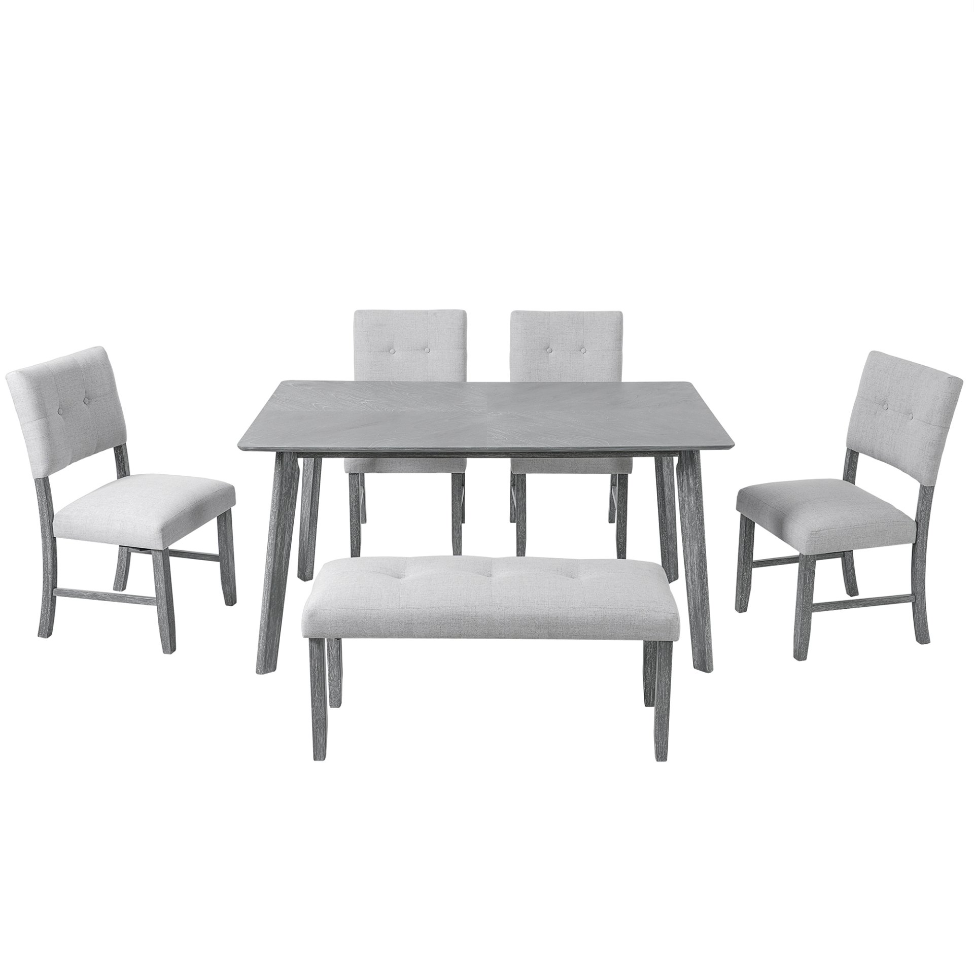 6 Pieces Dining Room Table Set, Rustic Farmhouse Dining Room Rectangular Table With 4 Upholstered Chairs And Bench, Solid Wood Kitchen Dining Table Set For 6 Persons - Gray - Image 12