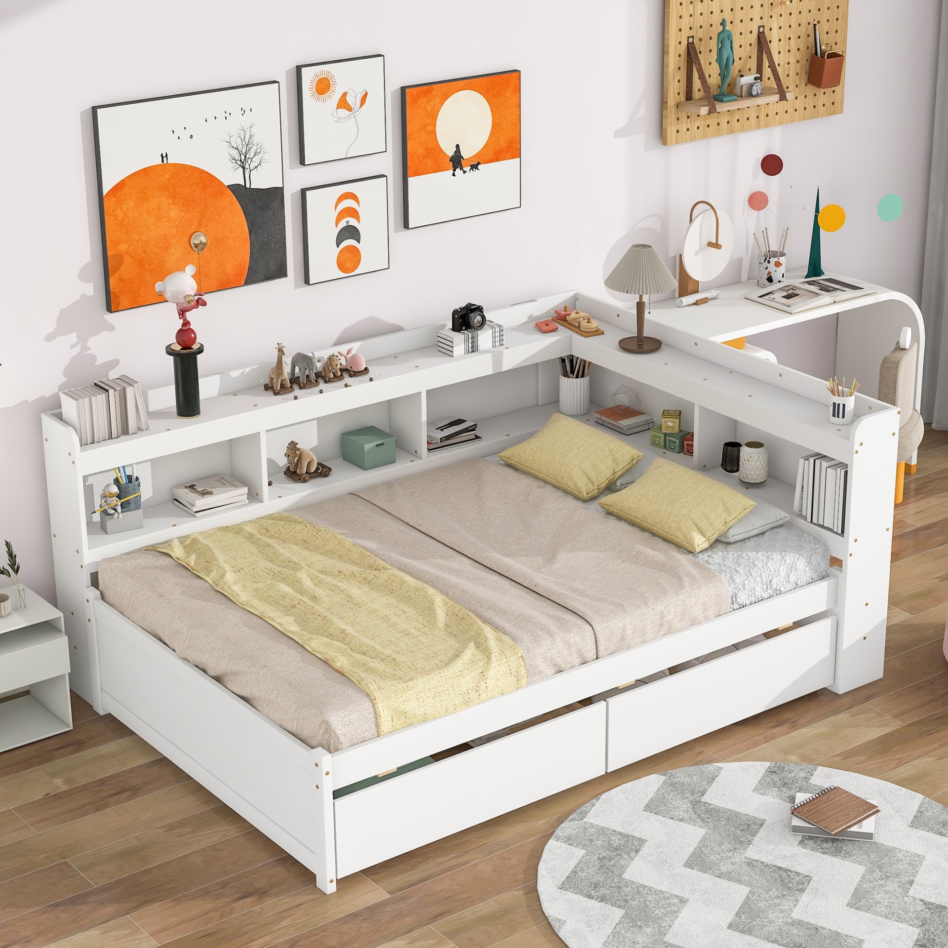 Full Bed With L-Shaped Bookcases, Drawers - White - Image 2