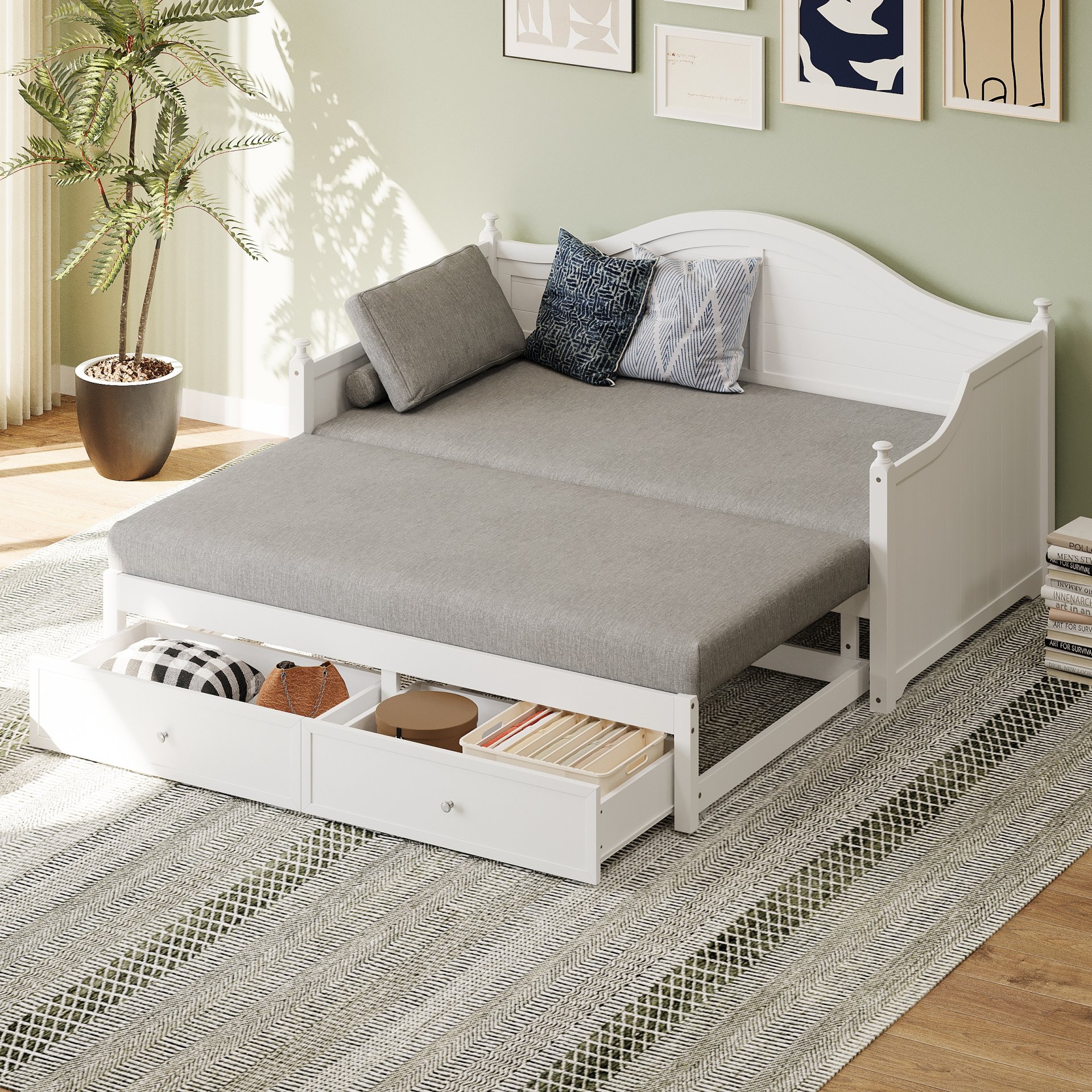 Twin Size Daybed With Extendable Trundle And Storage Drawers, Cottage Style - White - Image 2