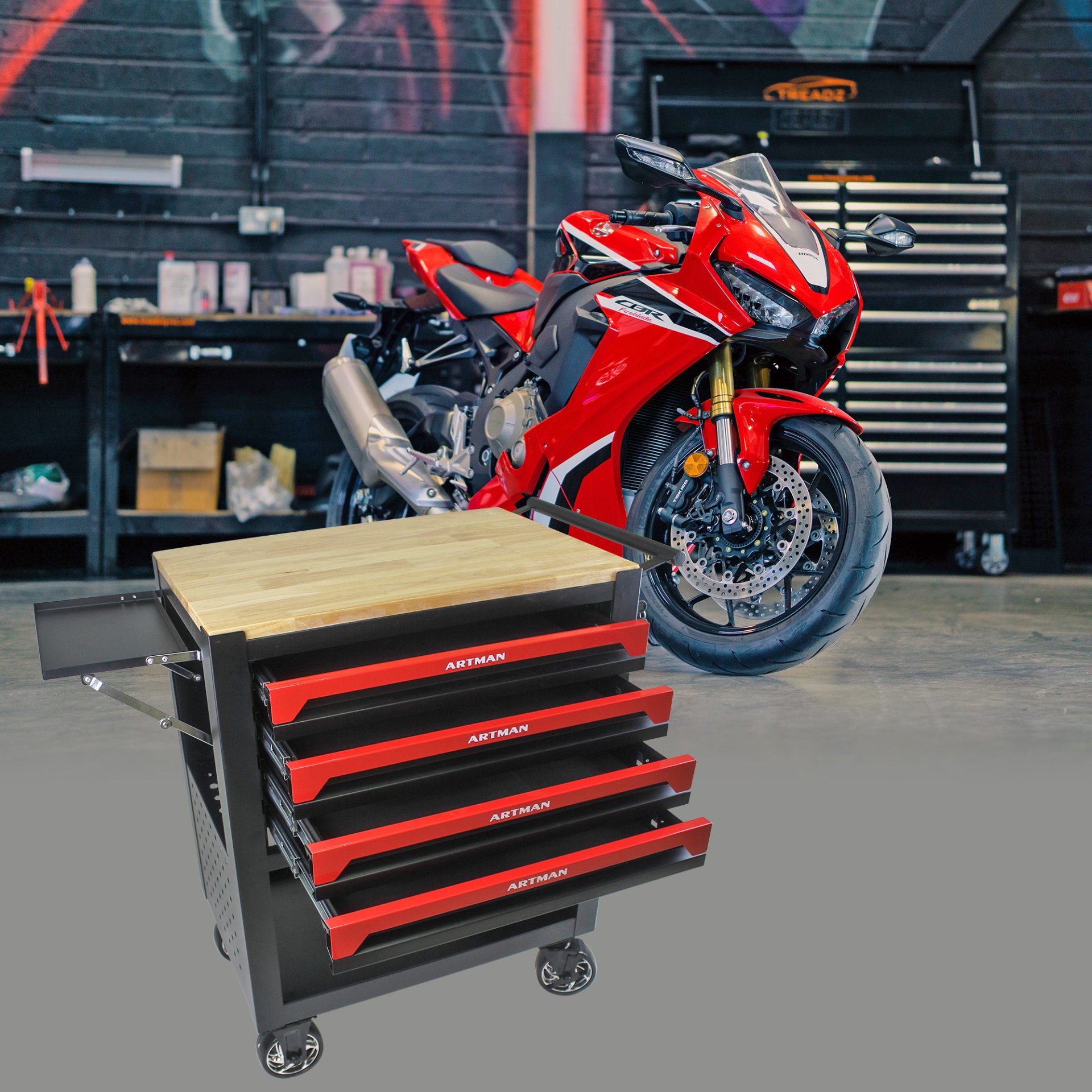 4 Drawers Multifunctional Tool Cart With Wheels And Wooden Top - Black / Red - Image 10