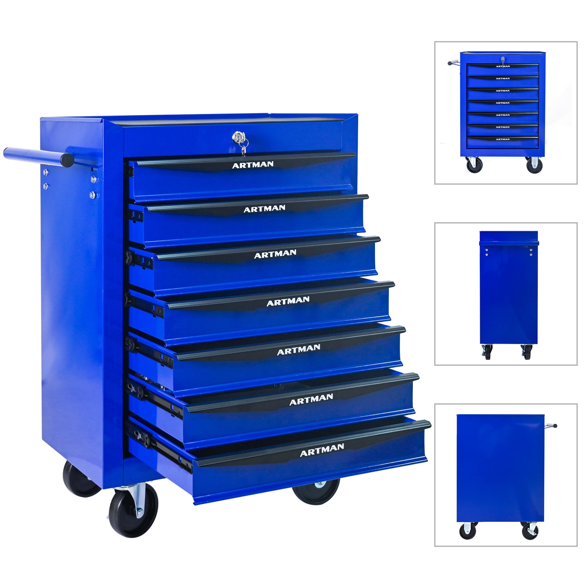 Rolling Metal Tool Chest With 7 Drawers, 20" Steel Storage Cabinet With Ball Bearing Slides - Black / Blue - Image 6