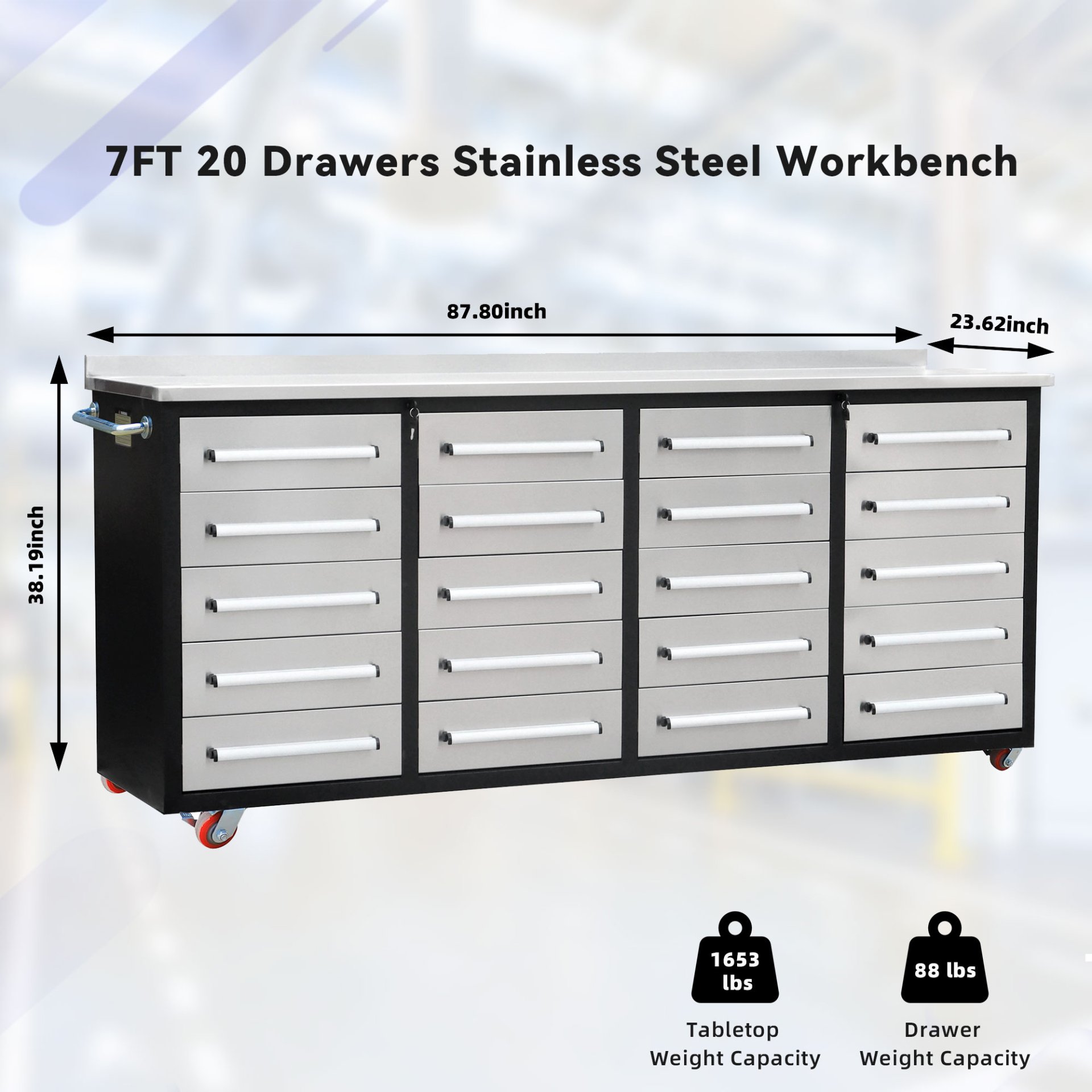 Garage Storage Cabinets With Workbench (20 Drawers) - Silver - Image 3