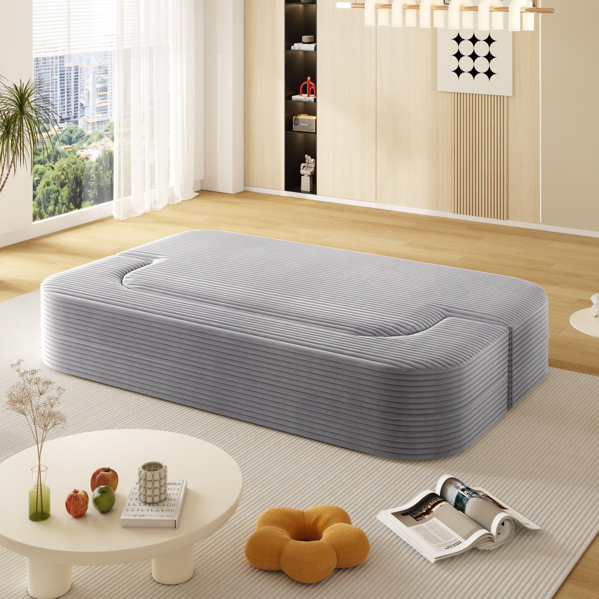 2 In 1 Foldable Sofa Plush Corduroy Sofa Convertible Floor Sofa Bed Deep Seating With Multi Functional Blanket Suitable For Living Rooms - Light Gray - Image 11