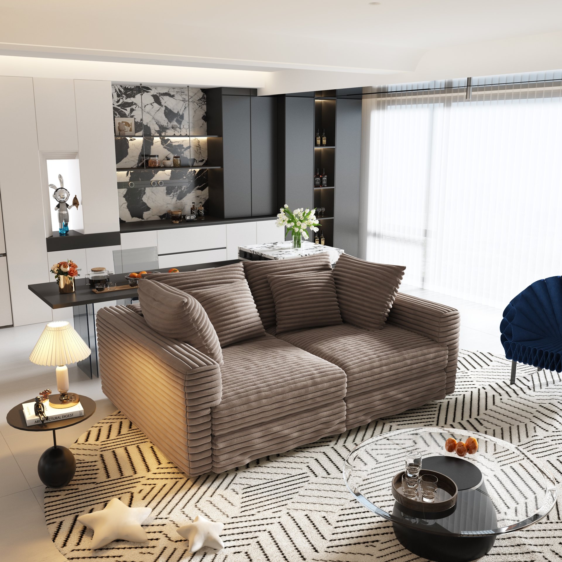 4 Seat Sofa, Deep Seat Couches With Soft Pillows And Movable Ottoman, Convertible Sofa Lounge Chair, For Living Room - Camel - Image 5