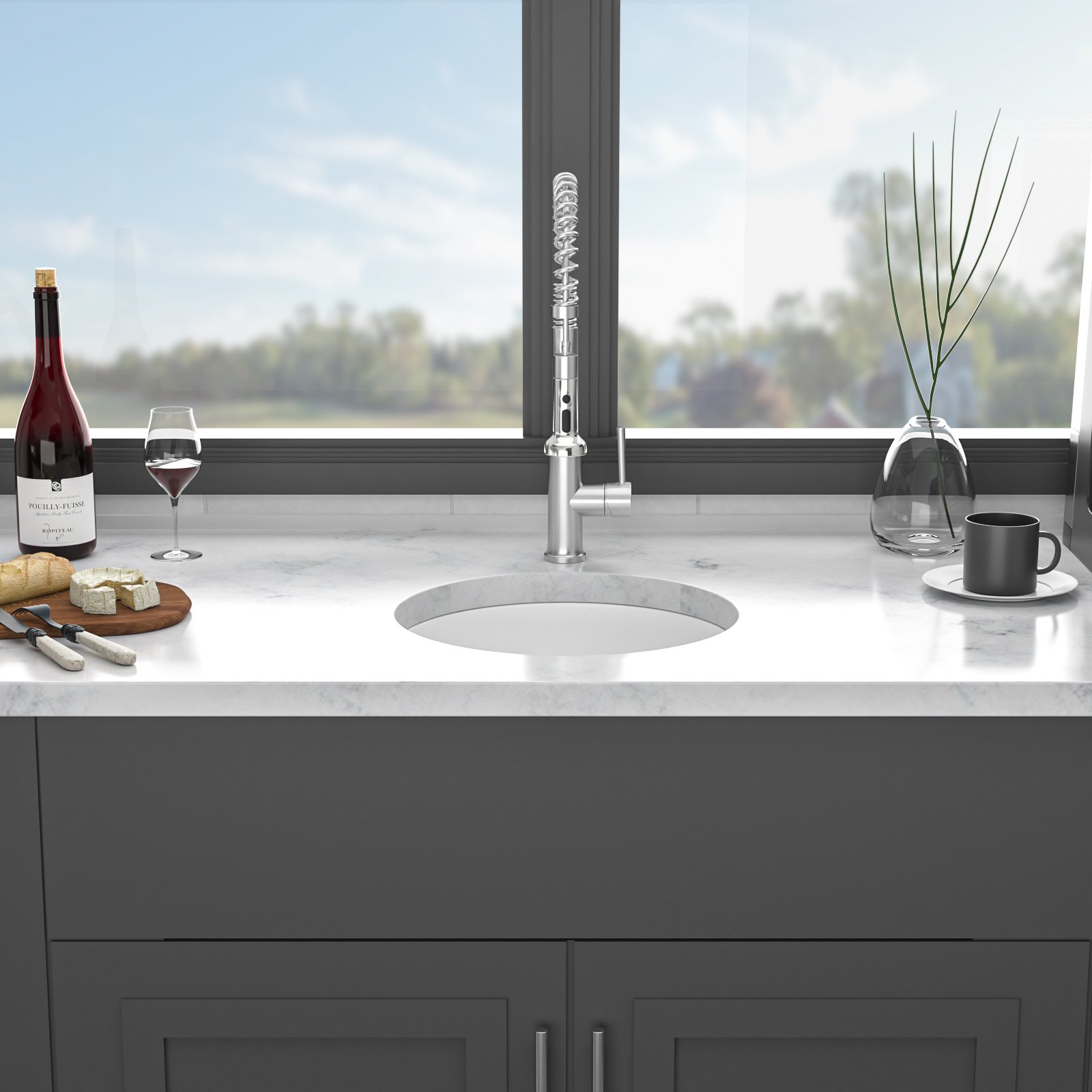 Ceramic Circular Kitchen Sink With Drain Assembly And Bottom Grid, 18" Dual Mount - White - Image 6