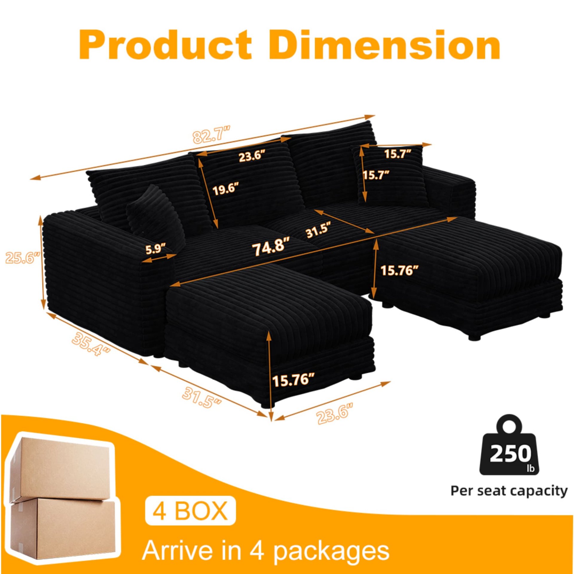 3 Seat Sofa, Deep Seat Couches With Soft Pillows And 2 Ottomans, Convertible Sofa Lounge Chair, For Living Room - Black - Image 16