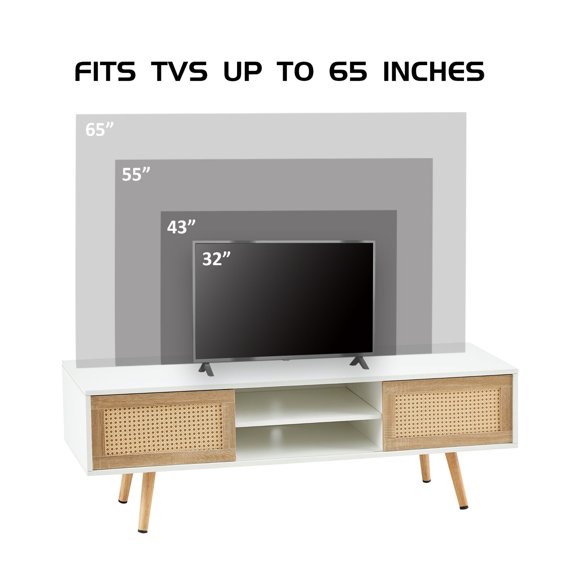 55.12" Rattan TV Cabinet, Double Sliding Doors For Storage, Adjustable Shelf, Solid Wood Legs, TV Console For Living Room - White - Image 8