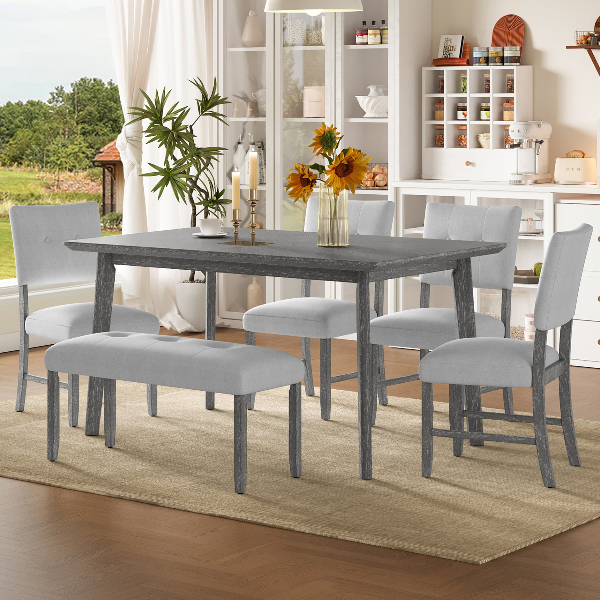 6 Pieces Dining Room Table Set, Rustic Farmhouse Dining Room Rectangular Table With 4 Upholstered Chairs And Bench, Solid Wood Kitchen Dining Table Set For 6 Persons - Gray - Image 2