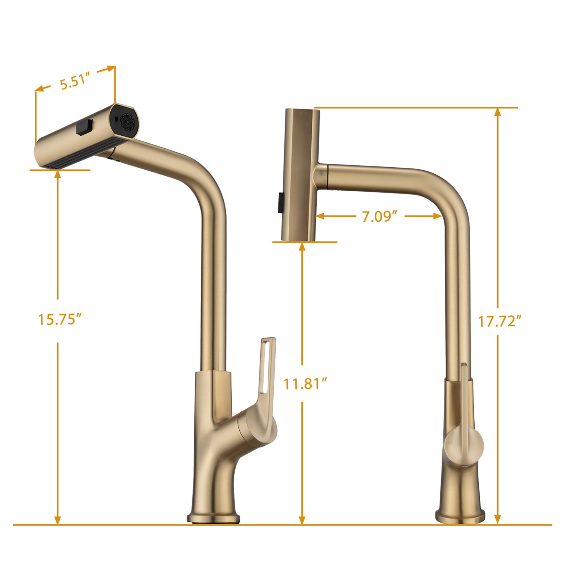 Kitchen Waterfall Faucet With Pull Down Sprayer, Single Handle, 360 Degree Rotating Zinc Alloy - Brushed Gold - Image 3