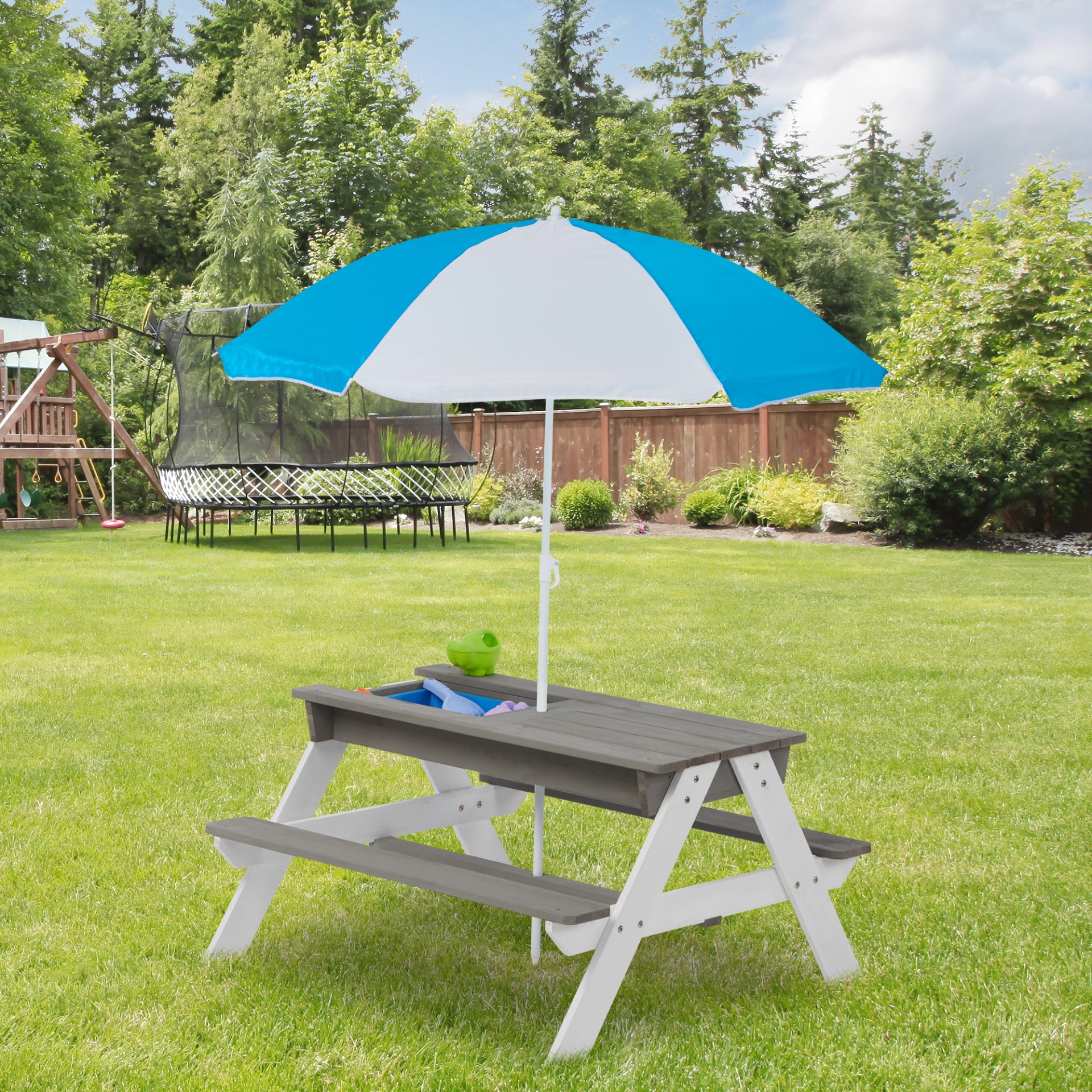3-In-1 Kids Outdoor Wooden Picnic Table With Umbrella, Convertible Sand & Water, ASTM & CPSIA Certification - Gray - Image 2