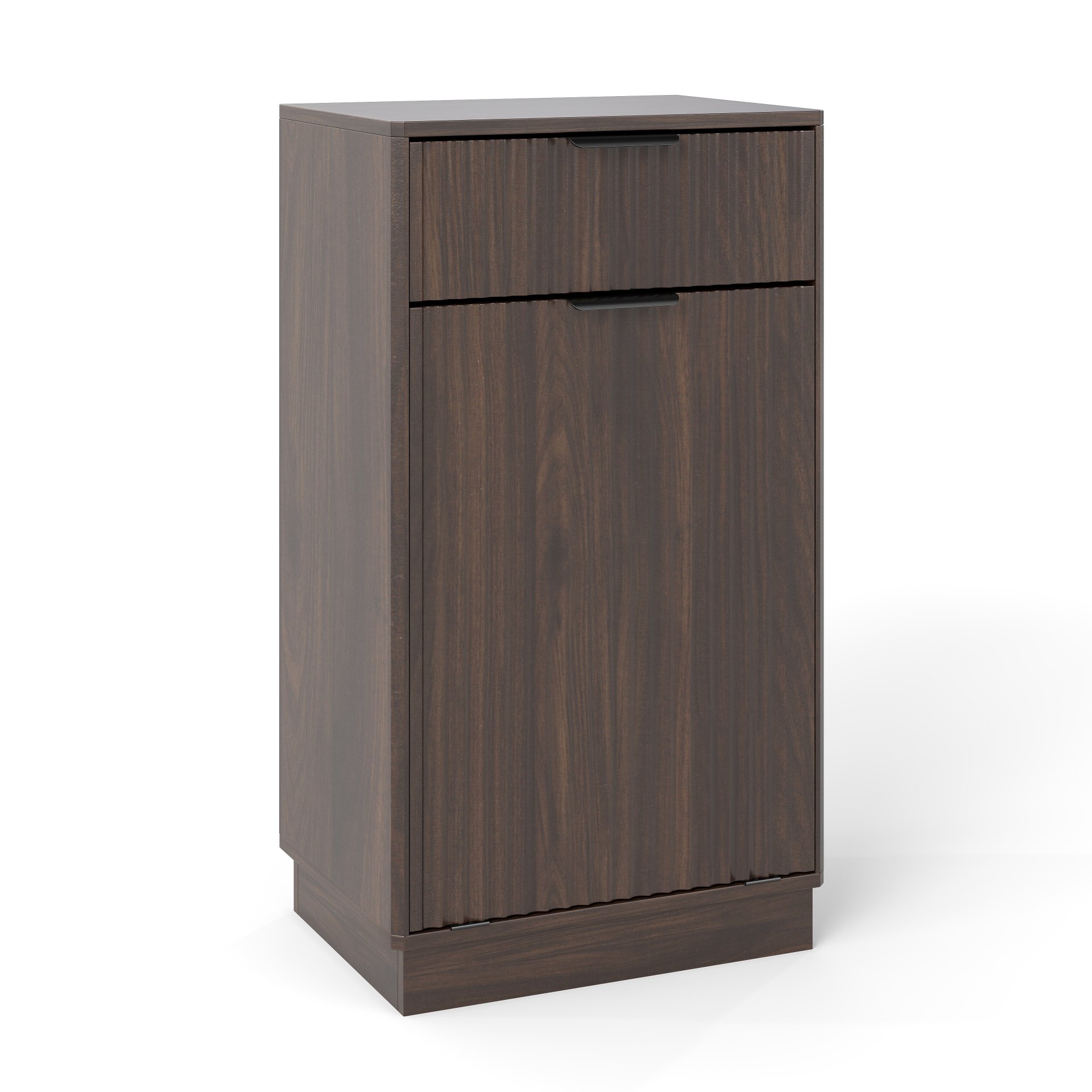 Tilt Out Trash Can Cabinet With Wave Textured Drawer & Pull Out Bin - Walnut - Image 14