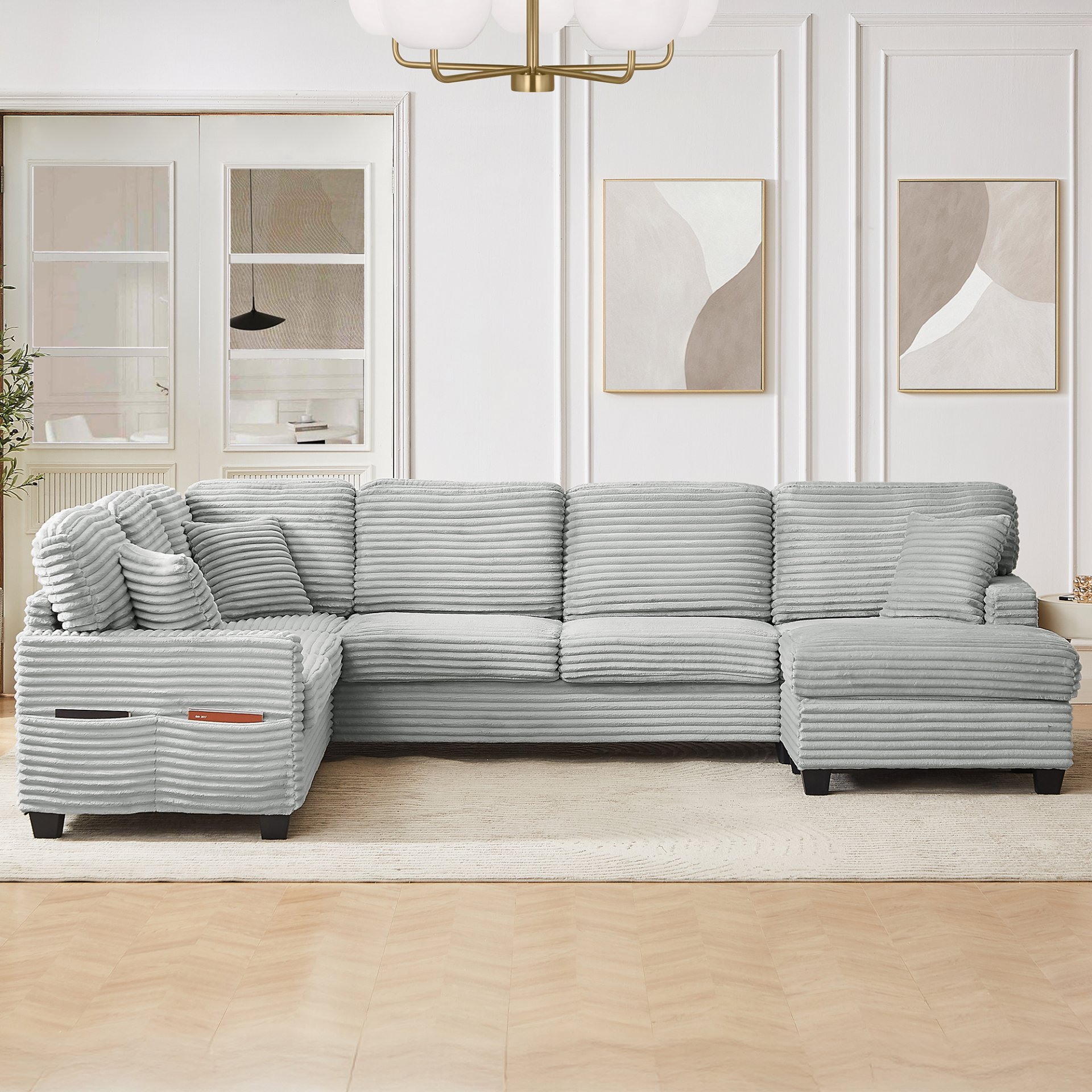 Modern U Shaped Sectional Sofa With Movable Ottoman And Side Storage Pockets Corduroy - Gray - Image 5