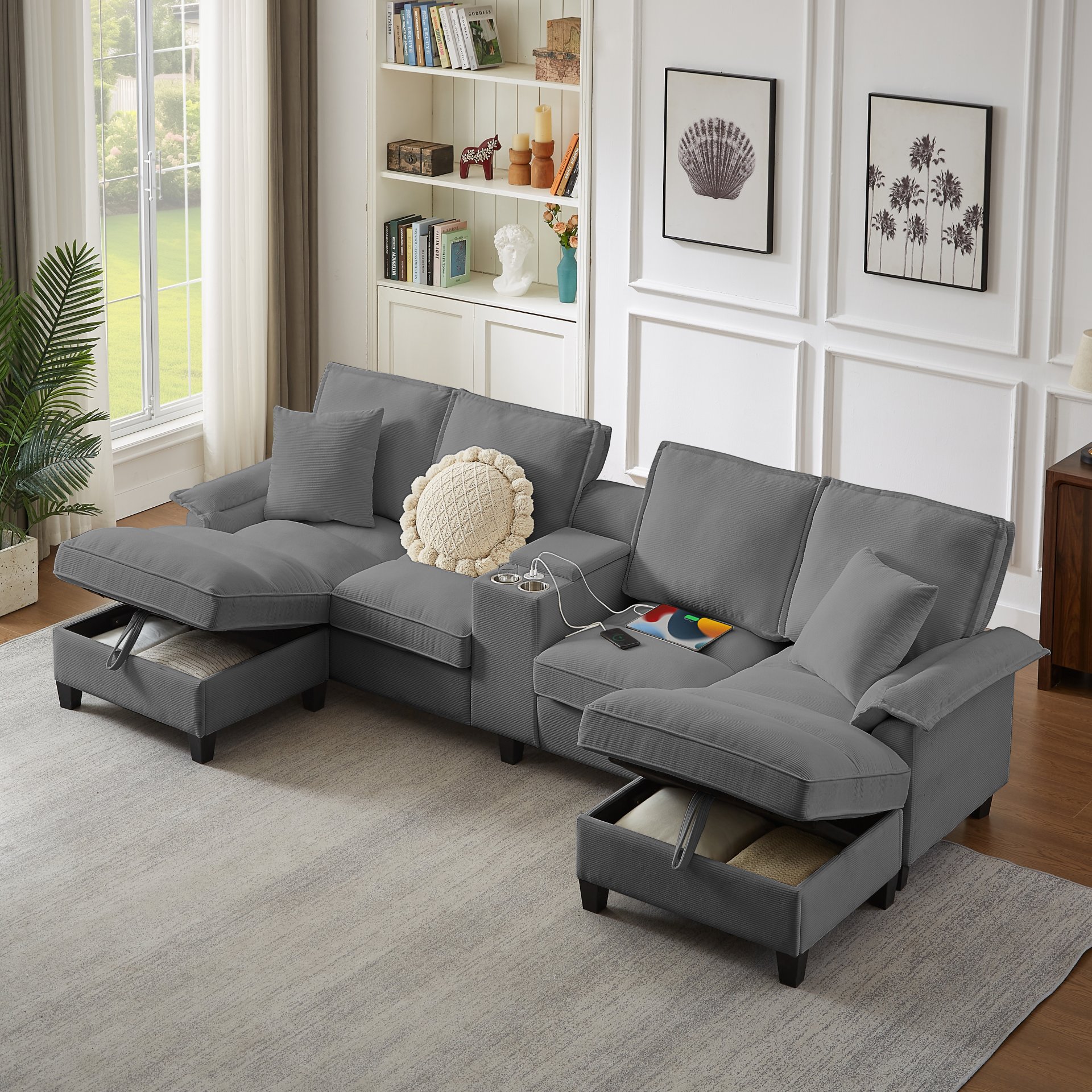 U Shaped Sectional Sofa Bed With Storage, 4 Seater, Features Cup Holders And Soft Foam Cushions - Gray - Image 6