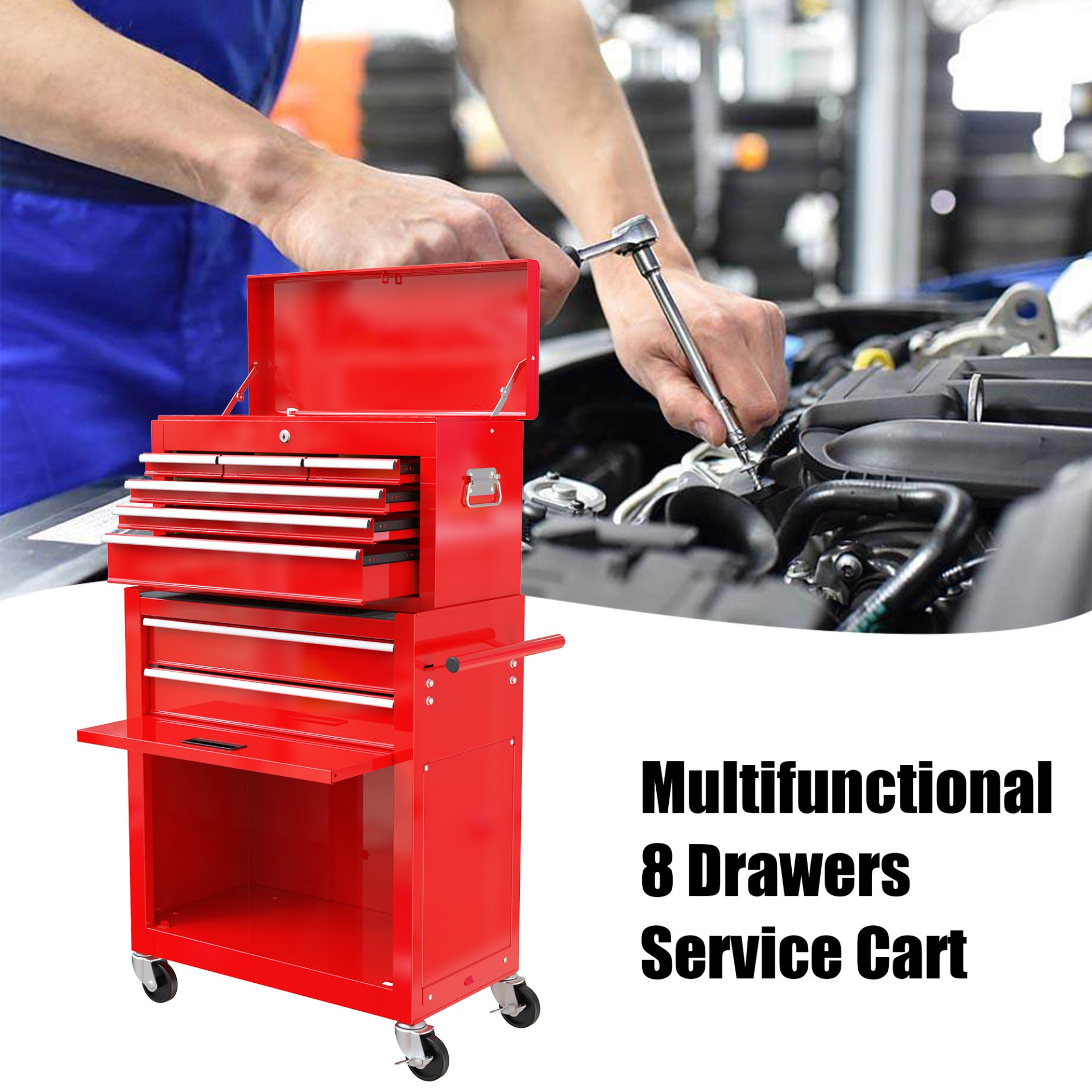 High Capacity Rolling Tool Chest With Wheels And Drawers, 8 Drawer Tool Storage Cabinet - Red - Image 2