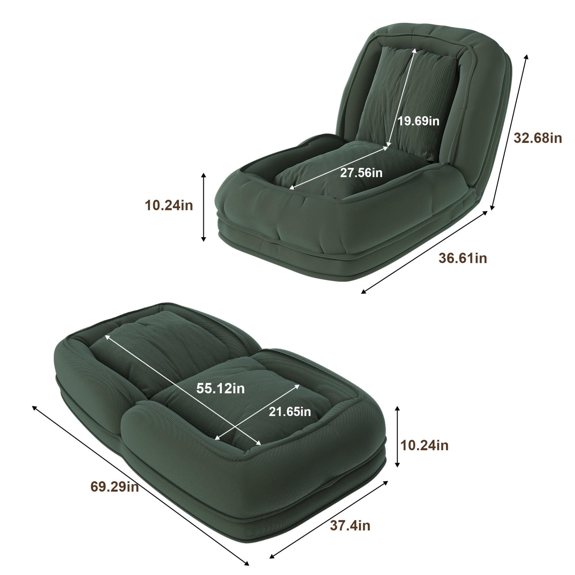 Human Dog Bed, Foldable Lazy Sofa Bed With 5 Adjustable Positions - Green - Image 3
