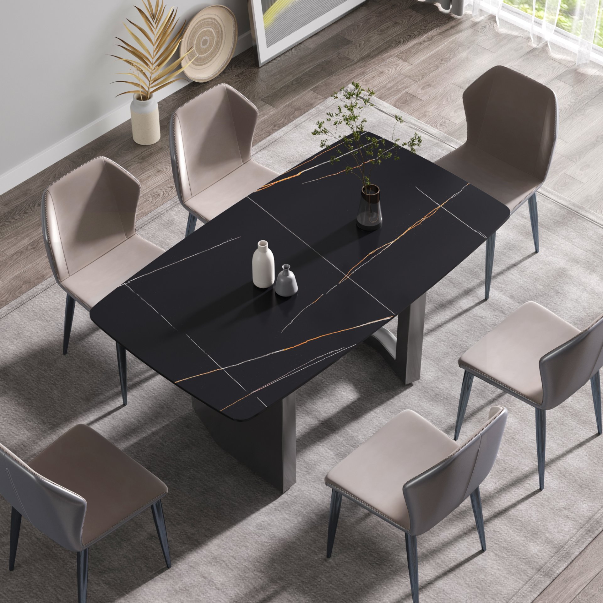 63" Modern Artificial Stone Black Curved Black Metal Leg Dining Table, 6 People - Black - Image 4