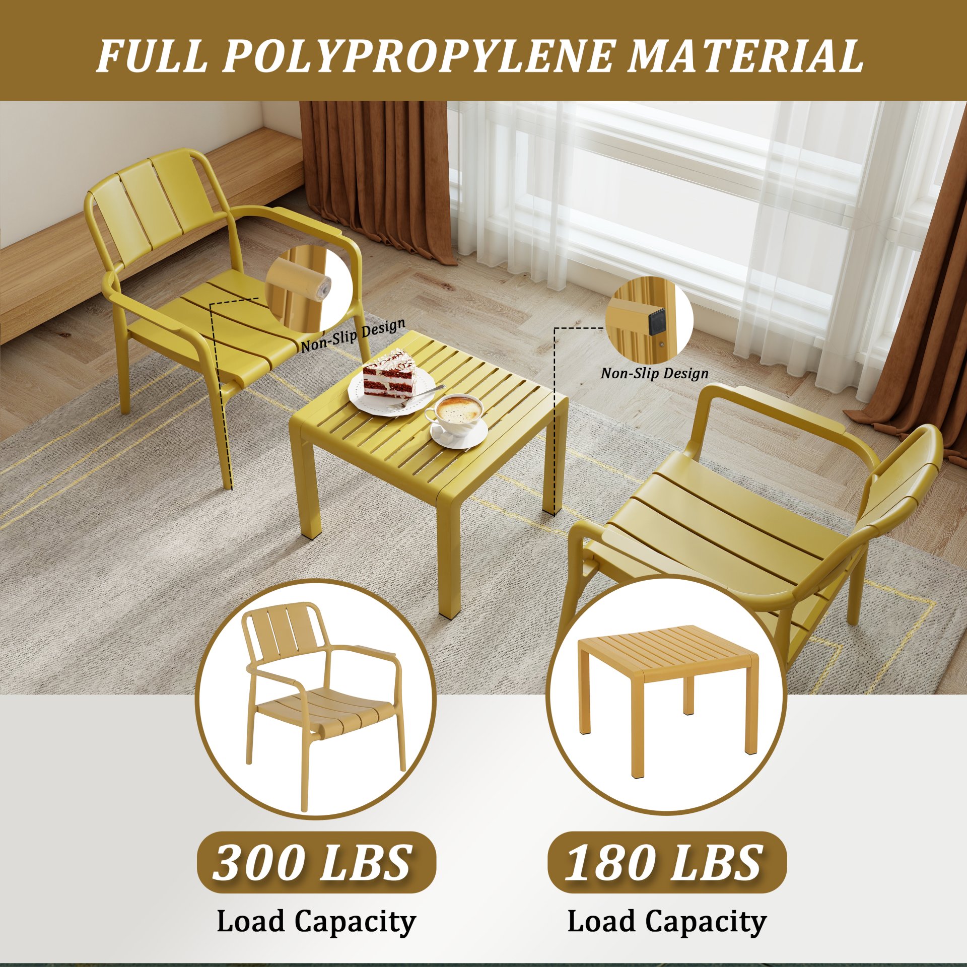 3 Piece Indoor / Outdoor Leisure Table And Chair Set (2 Chairs And 1 Coffee Table), UV Resistant, Waterproof And Durable - Brick Yellow - Image 11