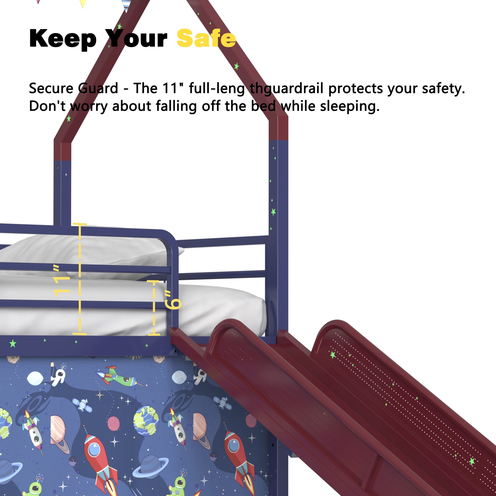 Jack - House Twin Loft Bed With Slide And Curtain Set, Superhero - Blue / Red - Image 16