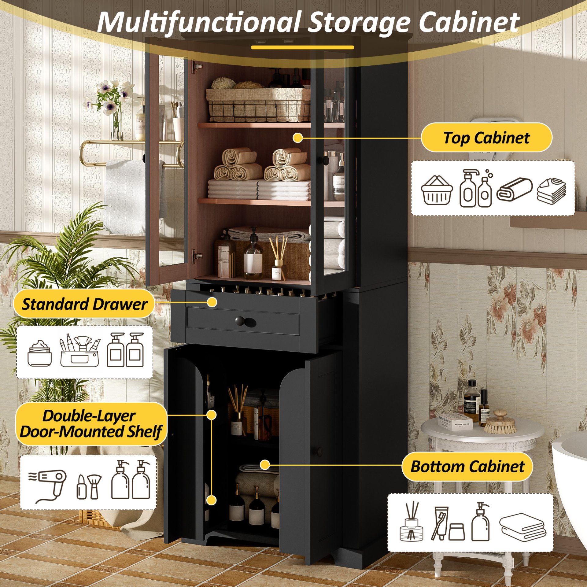Bathroom Storage Cabinet, Adjustable Shelves & Drawer, Freestanding Linen Tower - Black - Image 9