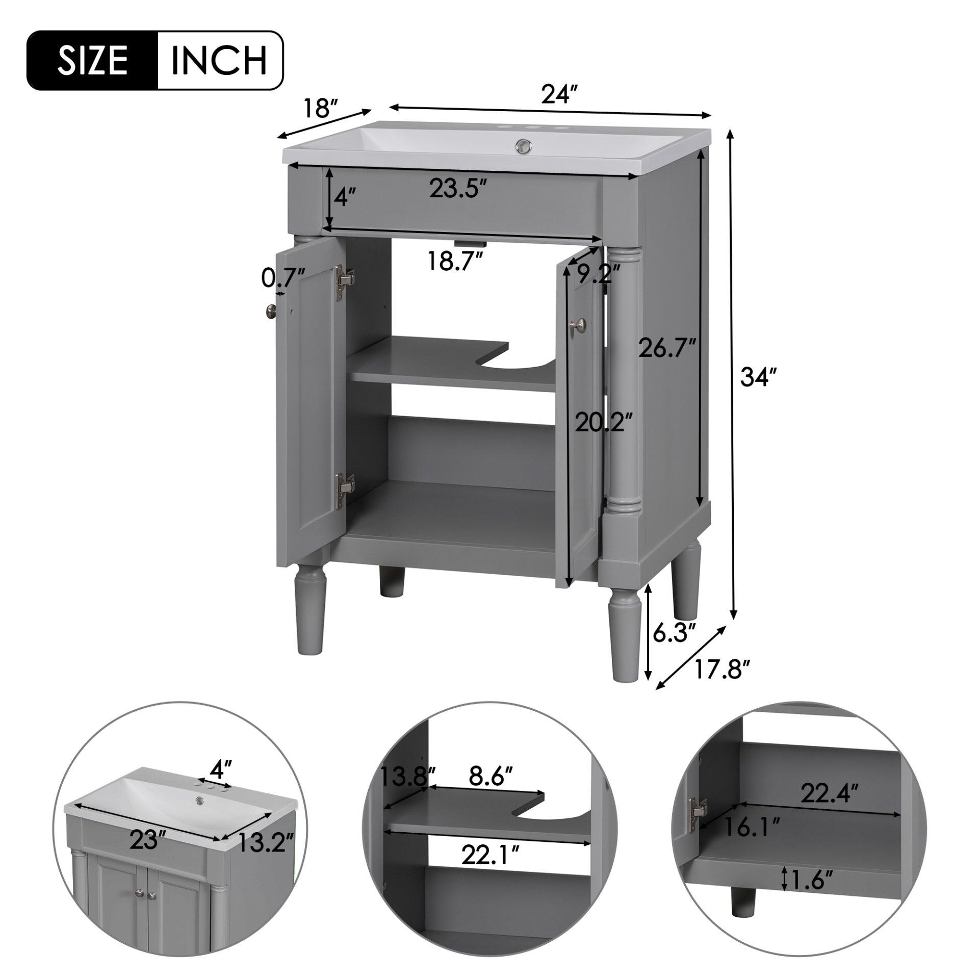 Bathroom Vanity With Top Sink, 2-Tier Modern Bathroom Storage Cabinet, Single Sink Bathroom Vanity, Large Storage Shelves - Gray - Image 7