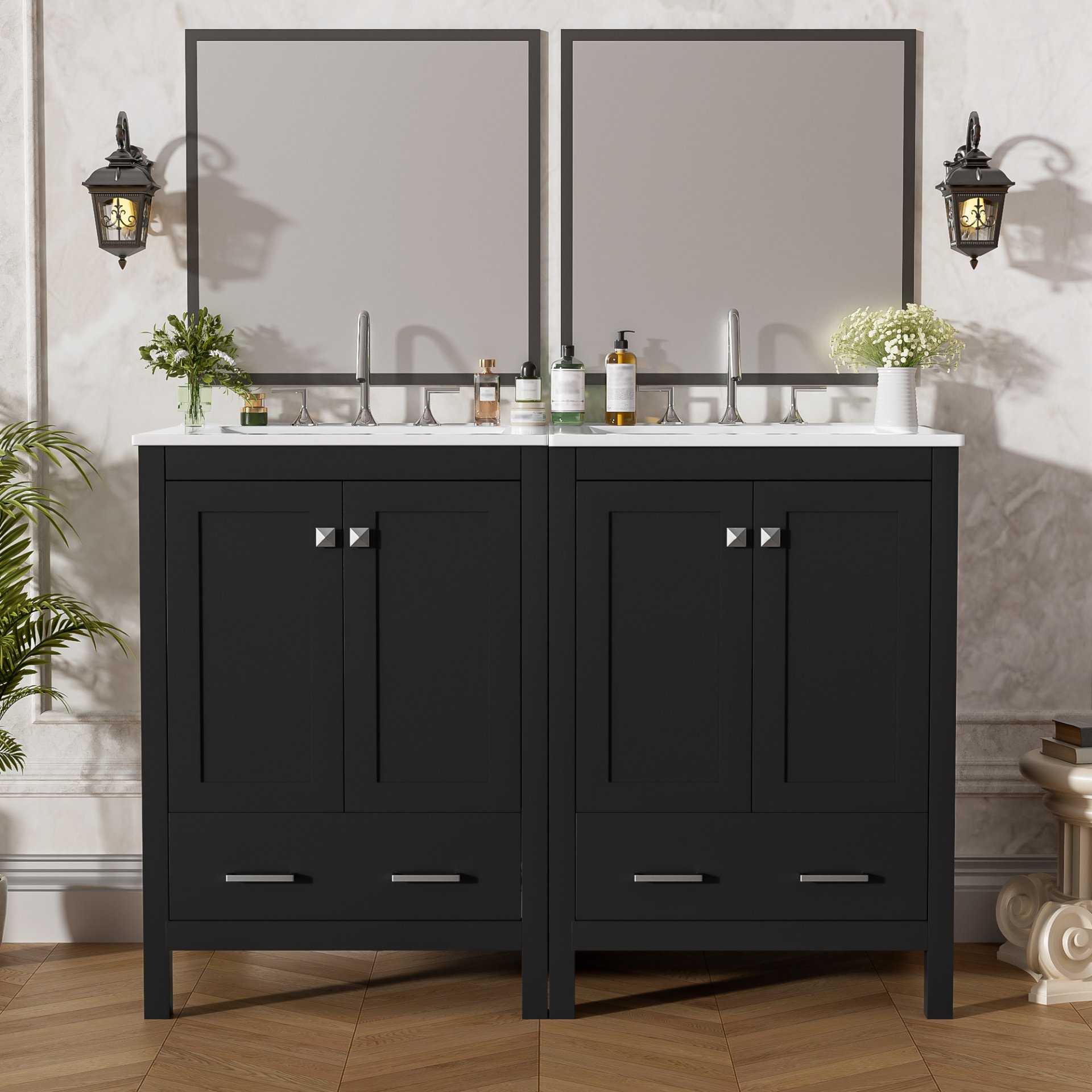 Bathroom Vanity With Integrated Undermount Sinks, Soft Close Doors, Divided Drawer, And Double Layer Door Shelf - Black - Image 3