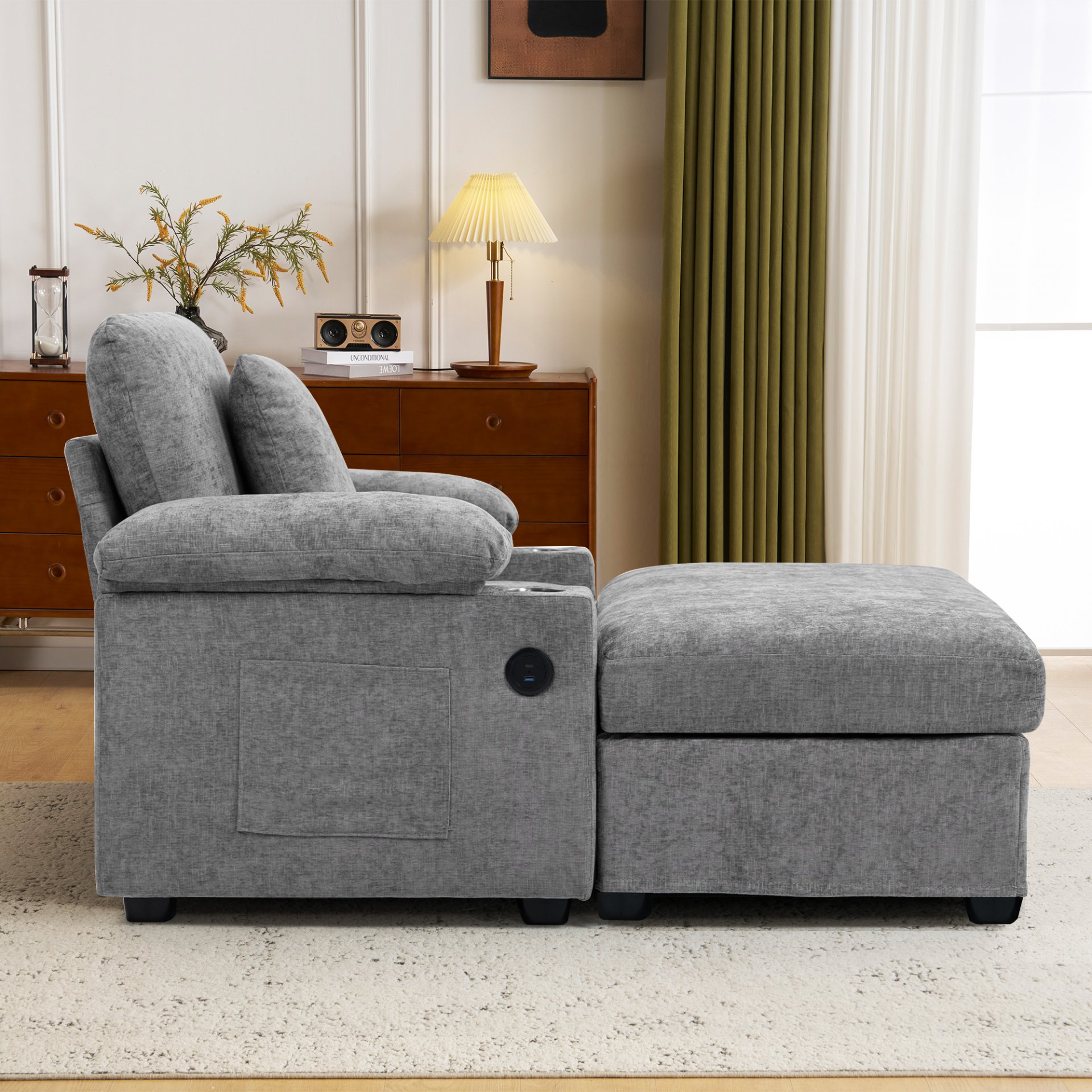 Modern Oversized Chair With Ottoman, Chenille Fabric Sofa Bed, Accent Chair Comfy Sofa With Cupholders And USB Charging Ports Chair For Living Room - Gray - Image 5
