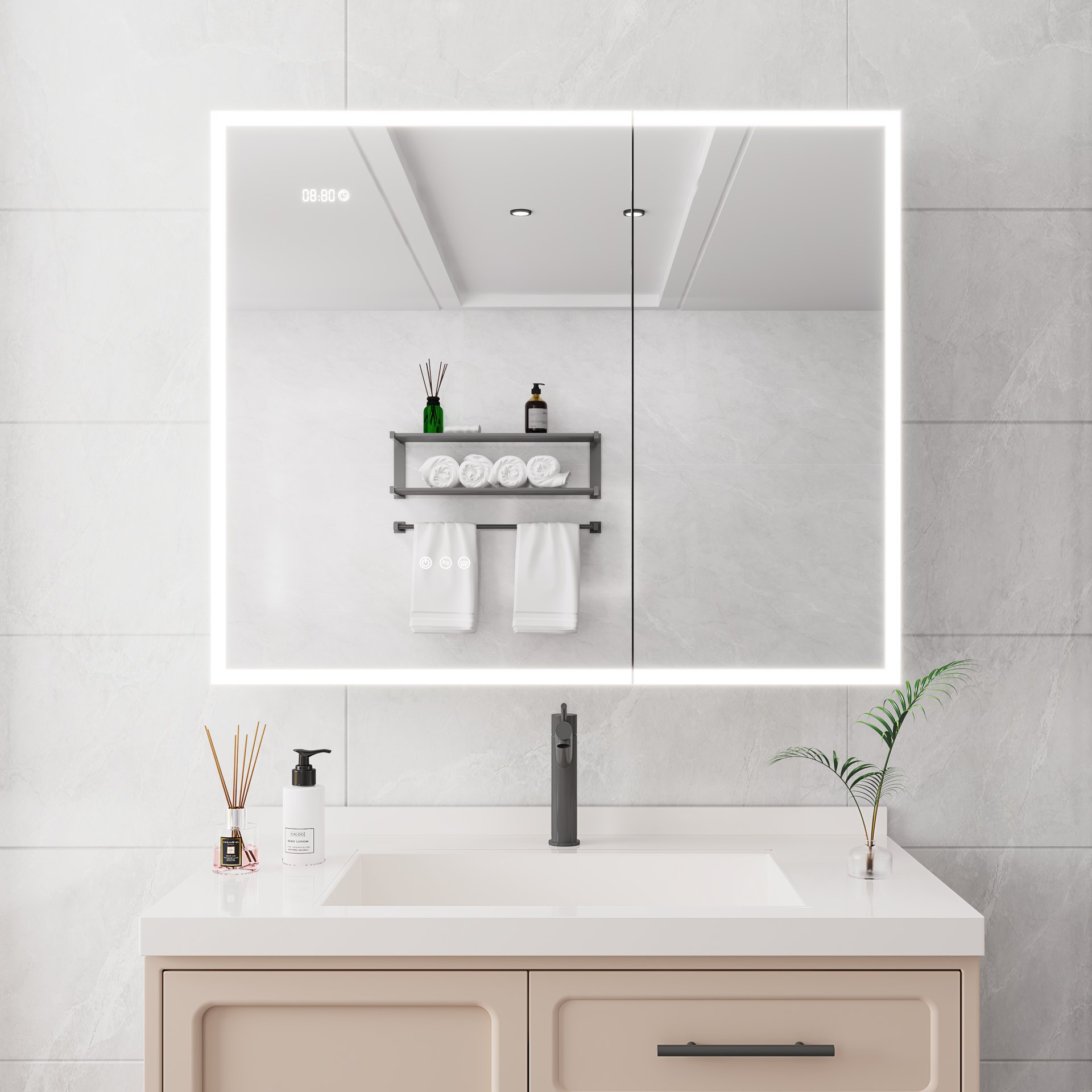 Bathroom Medicine Cabinet With Lights, LED Medicine Cabinet With Mirror, Double Door Lighted Medicine Cabinet With Defogger, Dimmer, Clock & Temp Display, 2 Outlets & USB Ports - Silver - Image 9