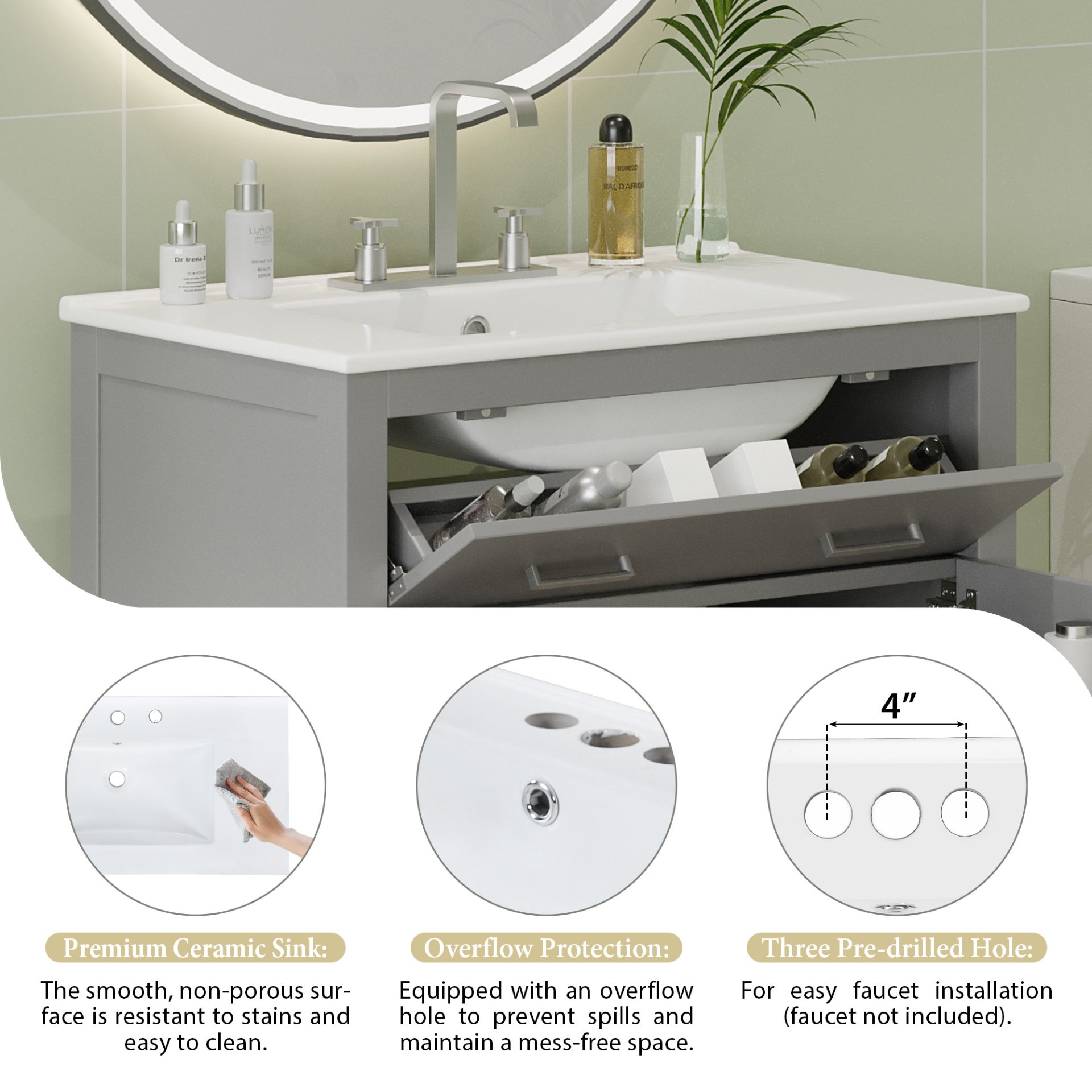 30" Bathroom Vanity With Sink And Soft Close Doors - Gray - Image 9
