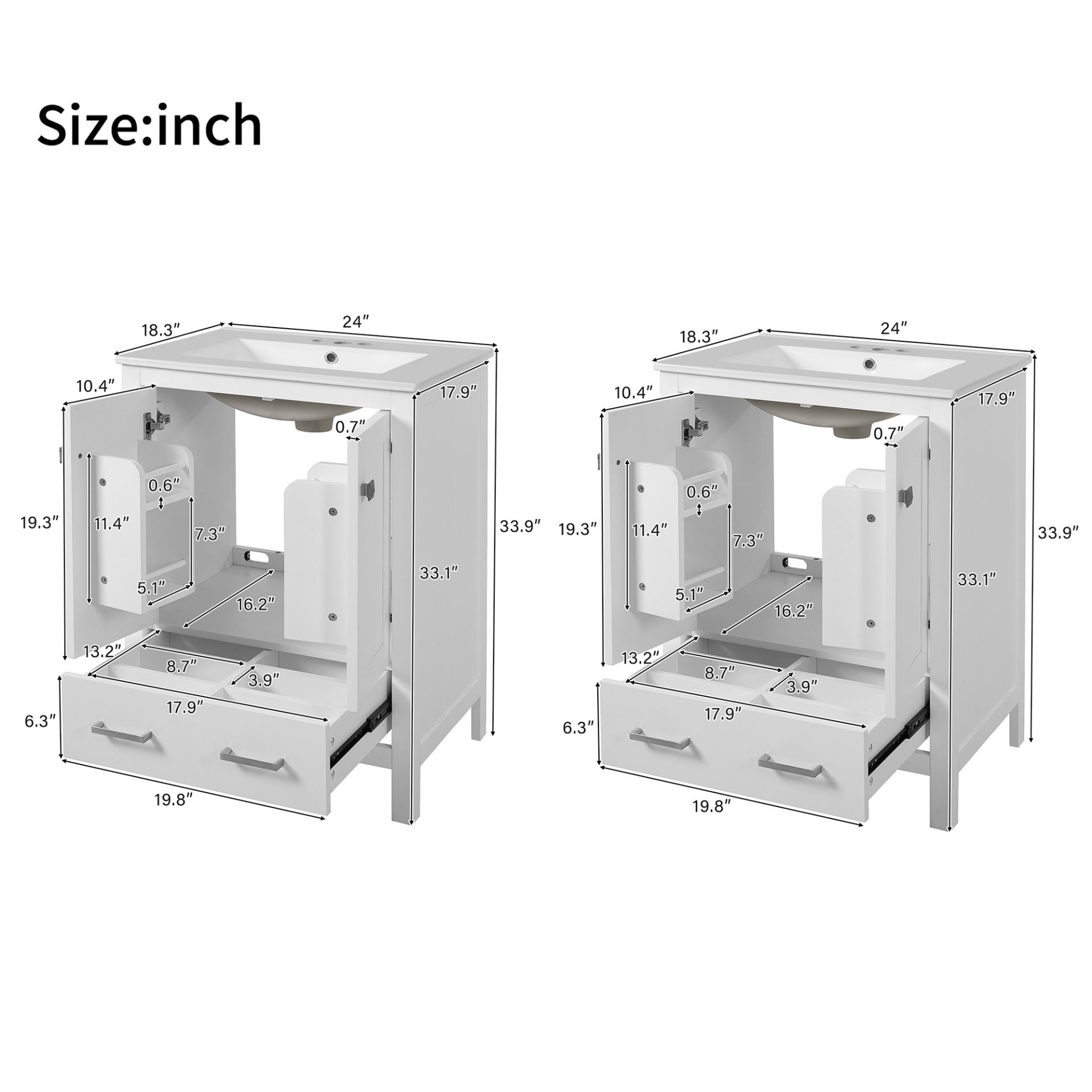 Bathroom Vanity With Integrated Undermount Sinks, Soft Close Doors, Divided Drawer, And Double Layer Shelf - White - Image 3