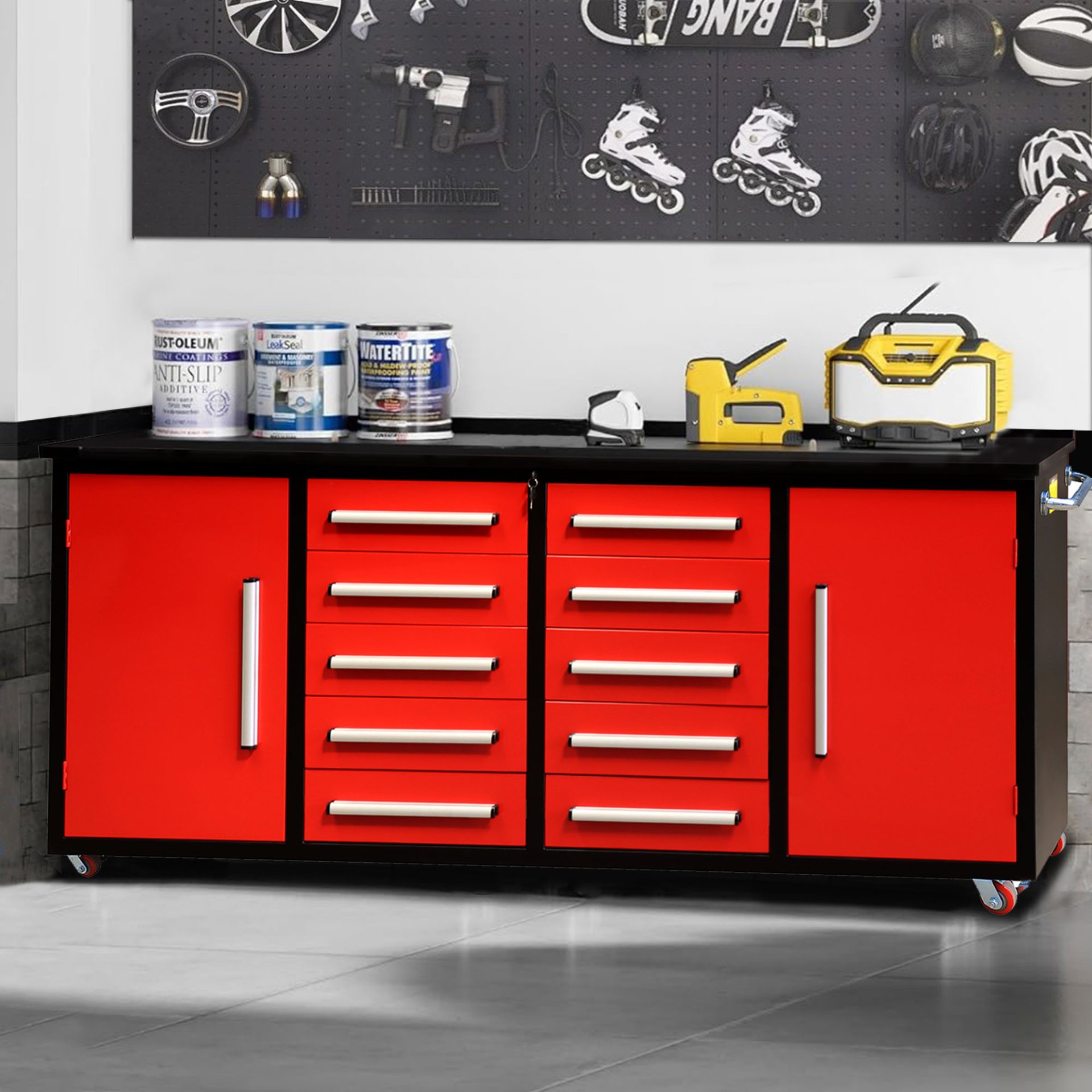Storage Cabinets With Workbench (10 Drawers & 2 Cabinets) - Red - Image 2