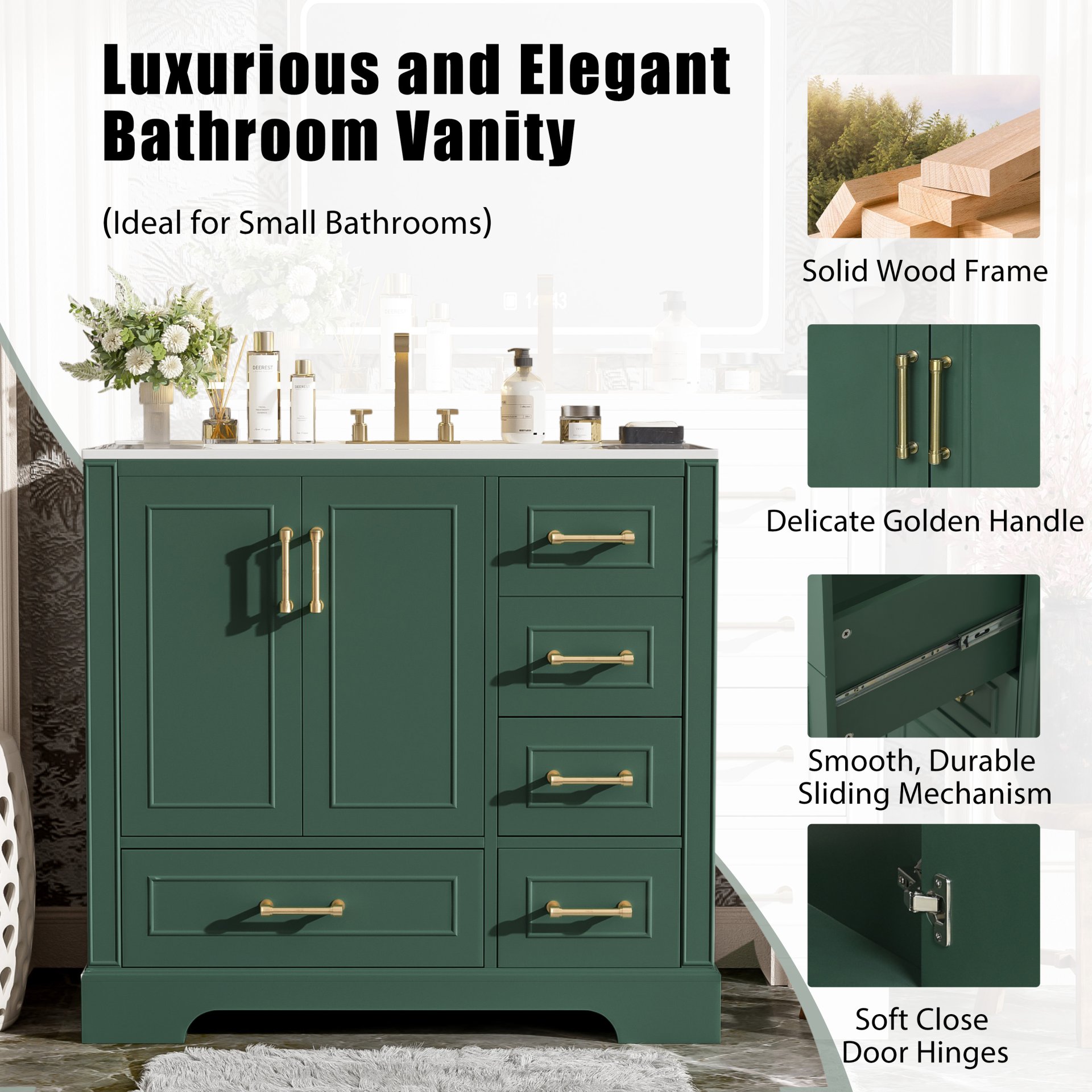 Traditional Bathroom Vanity With Sink, Soft Close Doors & Drawers, 36" - Green - Image 7