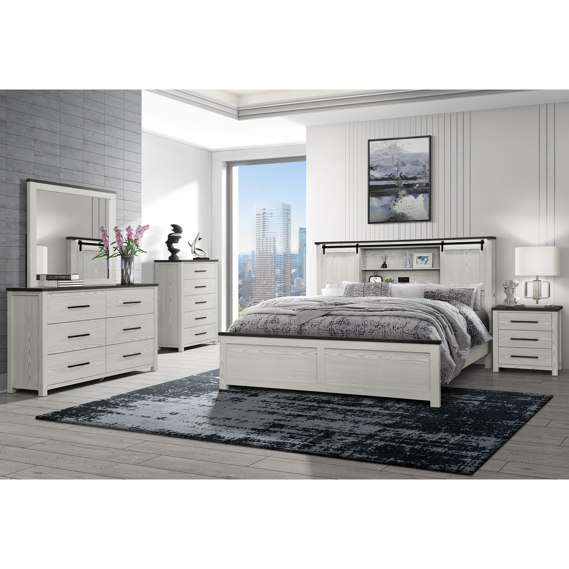 Avery - King Bedroom Set & Bookcase Headboard, Low Profile Bed, Spacious Drawers - Beige - Image 2