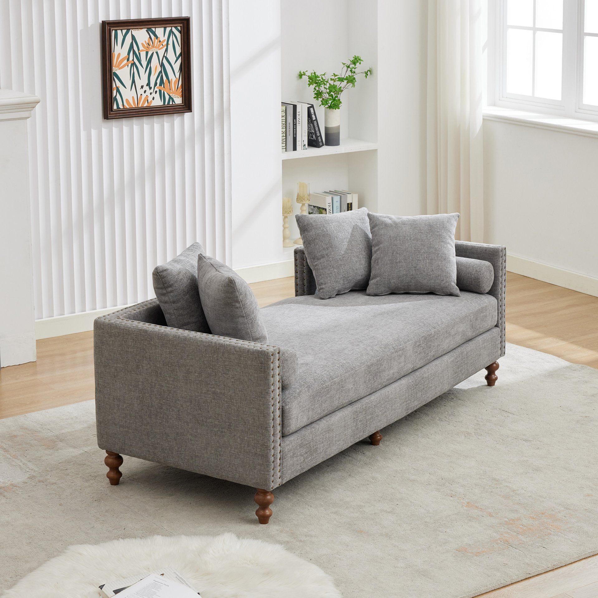 Chenille Upholstered Chaise Lounge With Nailheads And Rubberwood Legs, Wide Sleeper Sofa With 4 Throw Pillows & 2 Bolsters - Gray - Image 9