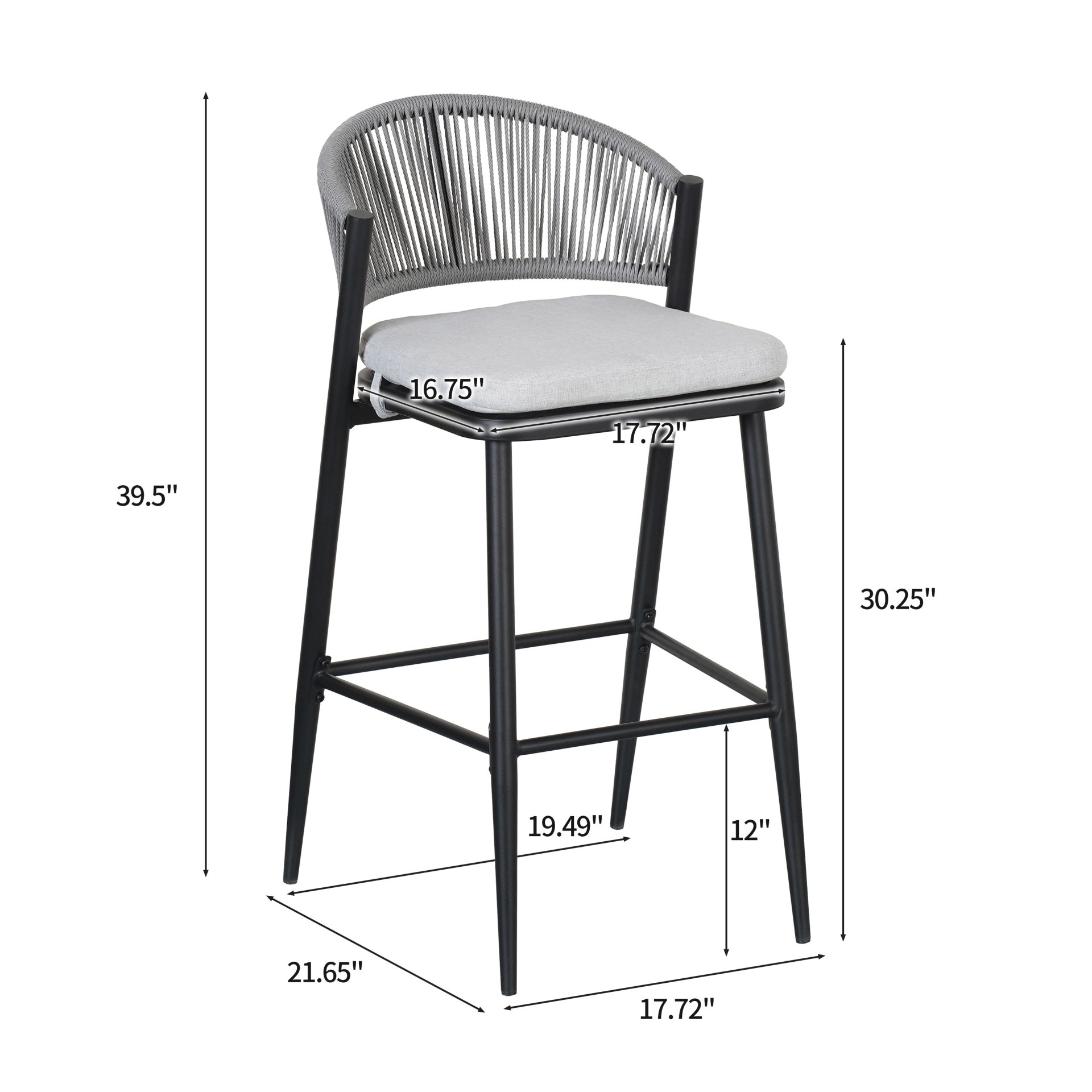 Outdoor Bar Height Metal Frame Counter Stools With Scallop Shaped Backrest & Water Resistant Cushions (Set of 2) - Matte Black - Image 3