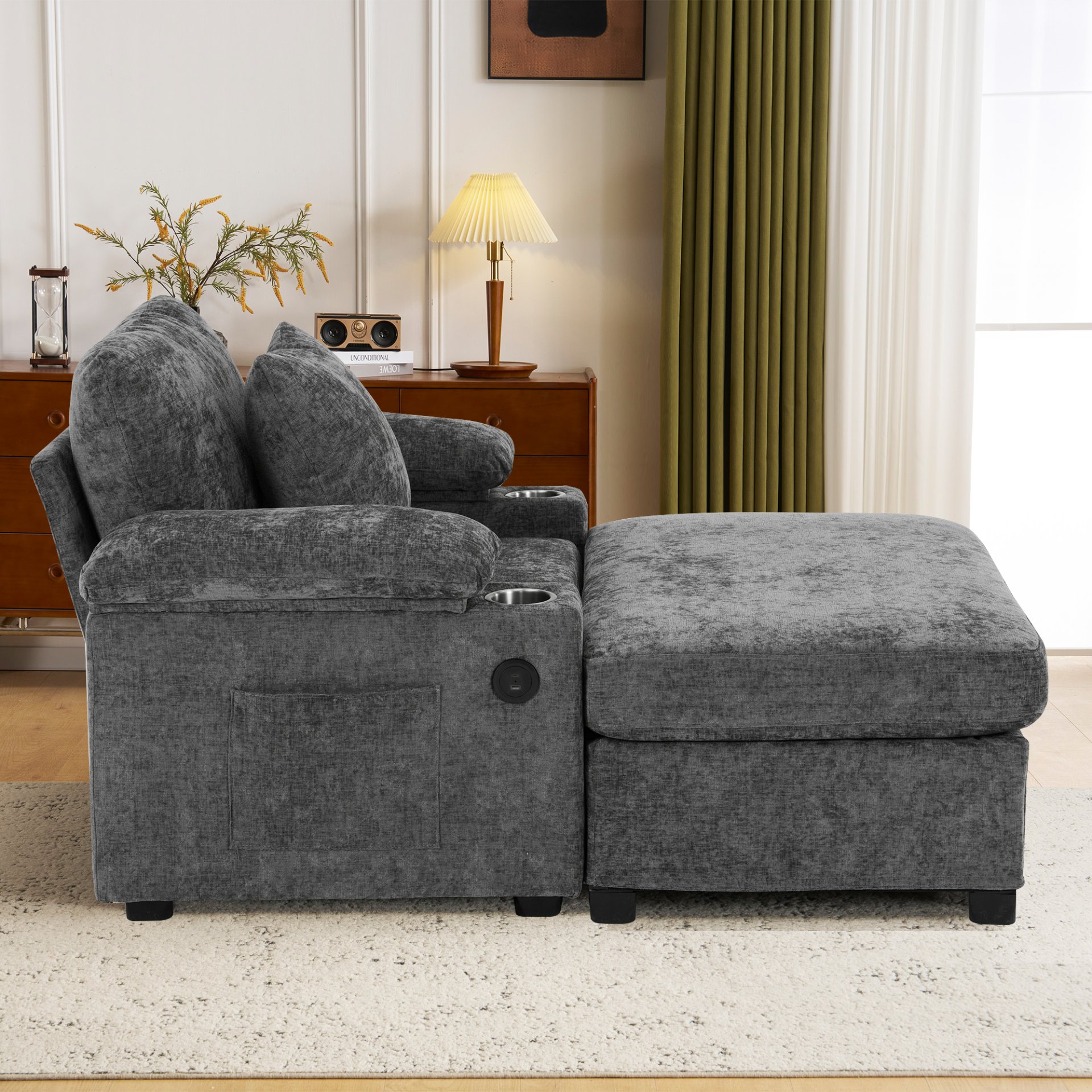 Modern Oversized Chair With Ottoman, Chenille Fabric Sofa Bed, Accent Chair Comfy Sofa With Cupholders And USB Charging Ports Chair For Living Room - Dark Gray - Image 5