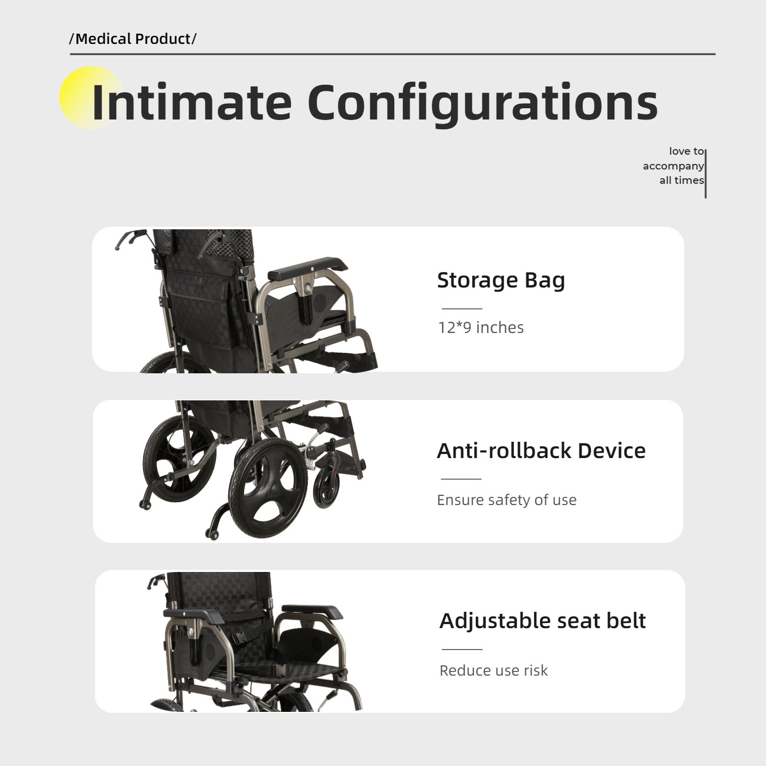 Lightweight Foldable Transport Wheelchair Square Tube Design Double Brakes Adjustable Seat & Armrest Breathable Cushion Anti Backflip 250Lbs Capacity 15" Tires - Black / Gray - Image 7