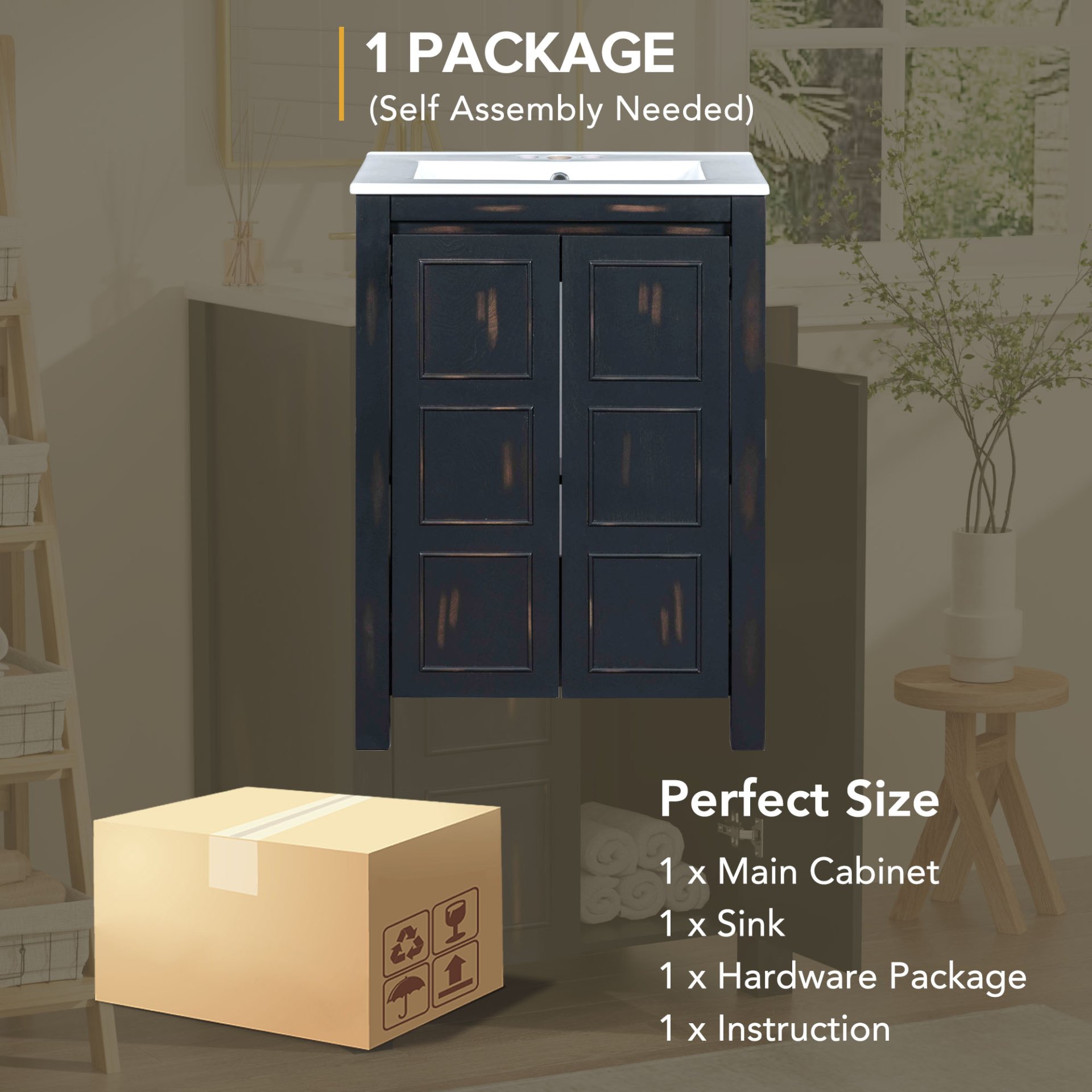 Vintage Style Small Bathroom Vanity Combo With Ceramic Sink, 2 Soft-Close Doors - Espresso - Image 9