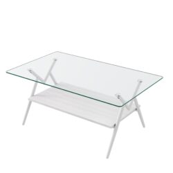 Rectangle Coffee Table With Tempered Glass Top And Metal Legs, Modern Table For Living Room - Transparent / White