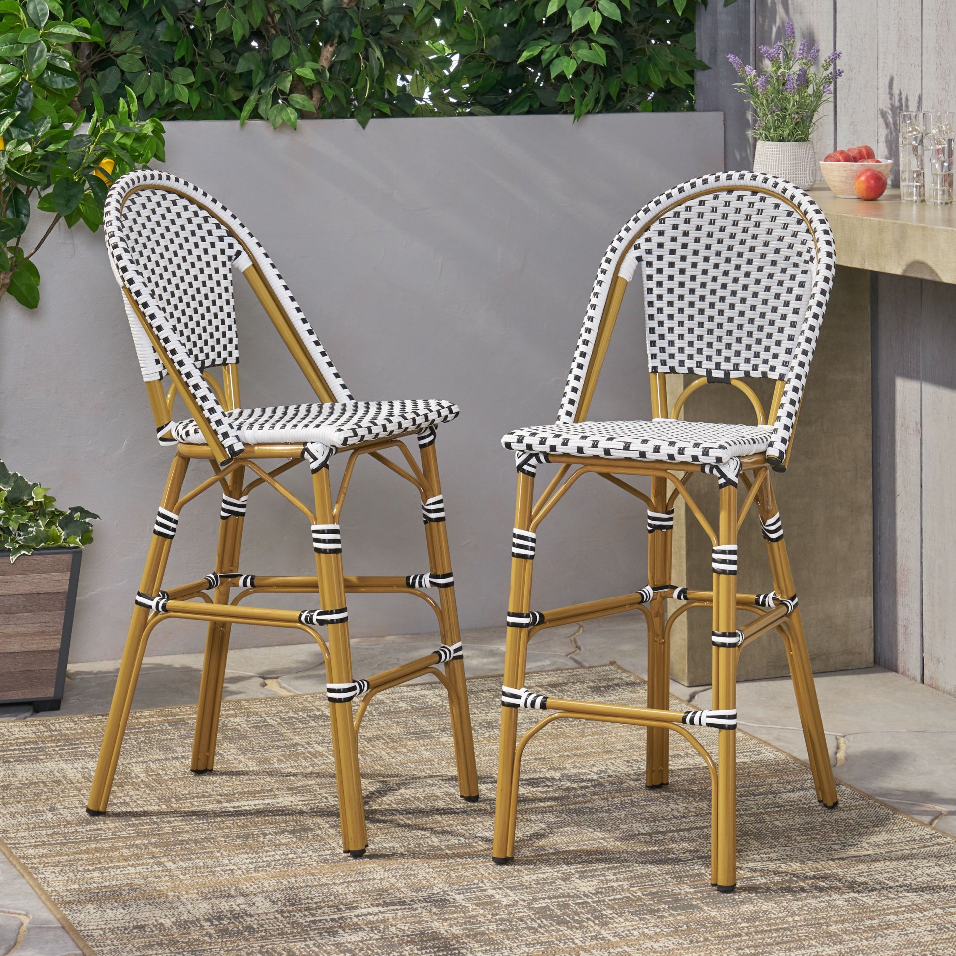 Outdoor Rattan French Barstool With Bamboo Aluminum Frame, Seat Height (Set of 2) - White / Black - Image 5