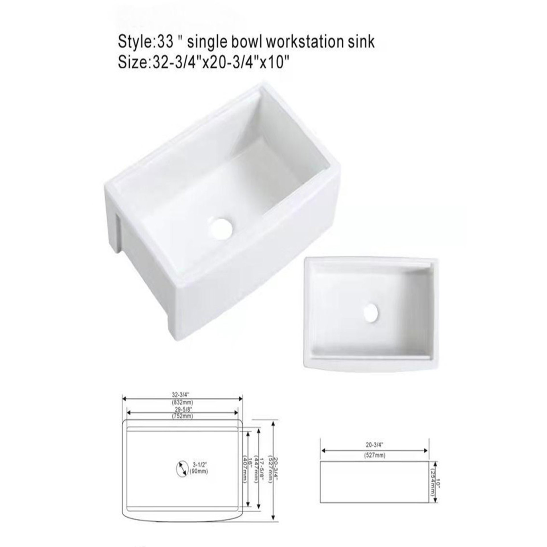 Classic Ceramic Farmhouse Sink Workstation 33" Single Bowl With Durable - White - Image 3