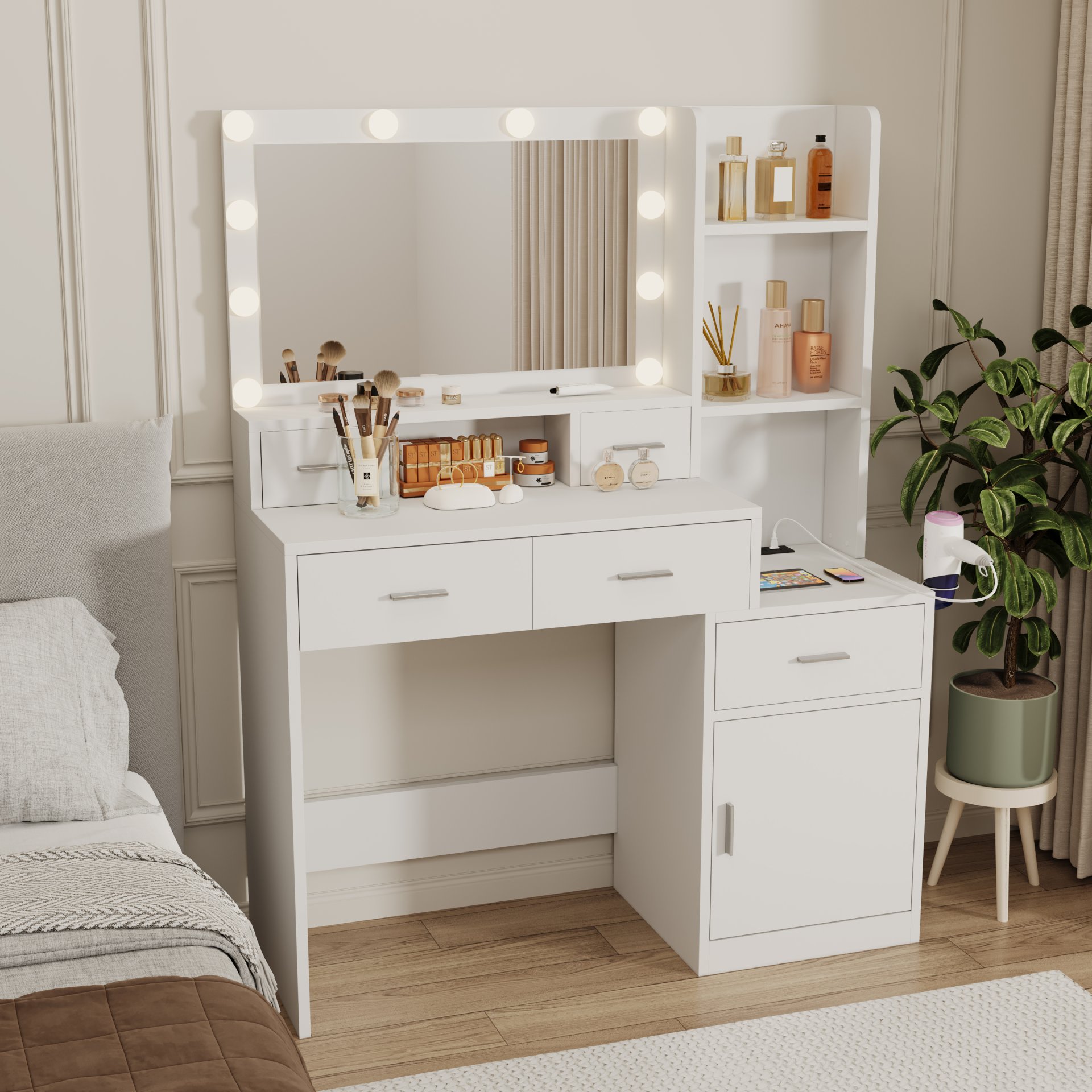 43.31" Newly Designed Smart Mirror Dressing Table With Drawers And Storage Cabinet, Dressing Table With Dressing Pad For Bedroom, Dressing Room - White - Image 4