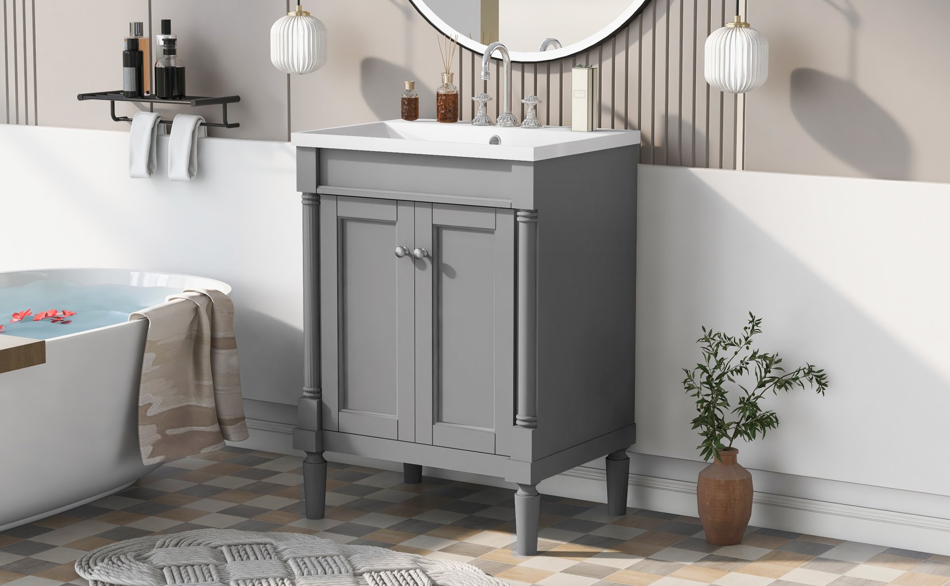 Bathroom Vanity With Top Sink, 2-Tier Modern Bathroom Storage Cabinet, Single Sink Bathroom Vanity, Large Storage Shelves - Gray - Image 9