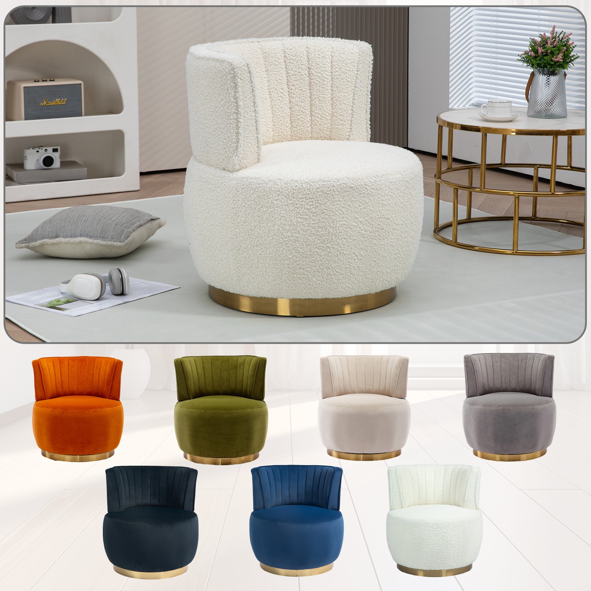 Coolmore - 360 Degree Swivel Cuddle Barrel Accent Sofa Chair, Round Armchair With Wide Upholstered Teddy Fabric - Cream - Image 17