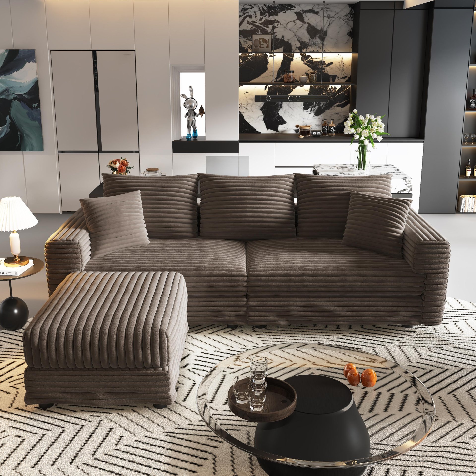 3 Seat Sofa, Deep Seat Couches With Soft Pillows And 1 Ottomans, Convertible Sofa Lounge Chair, For Living Room - Camel - Image 7