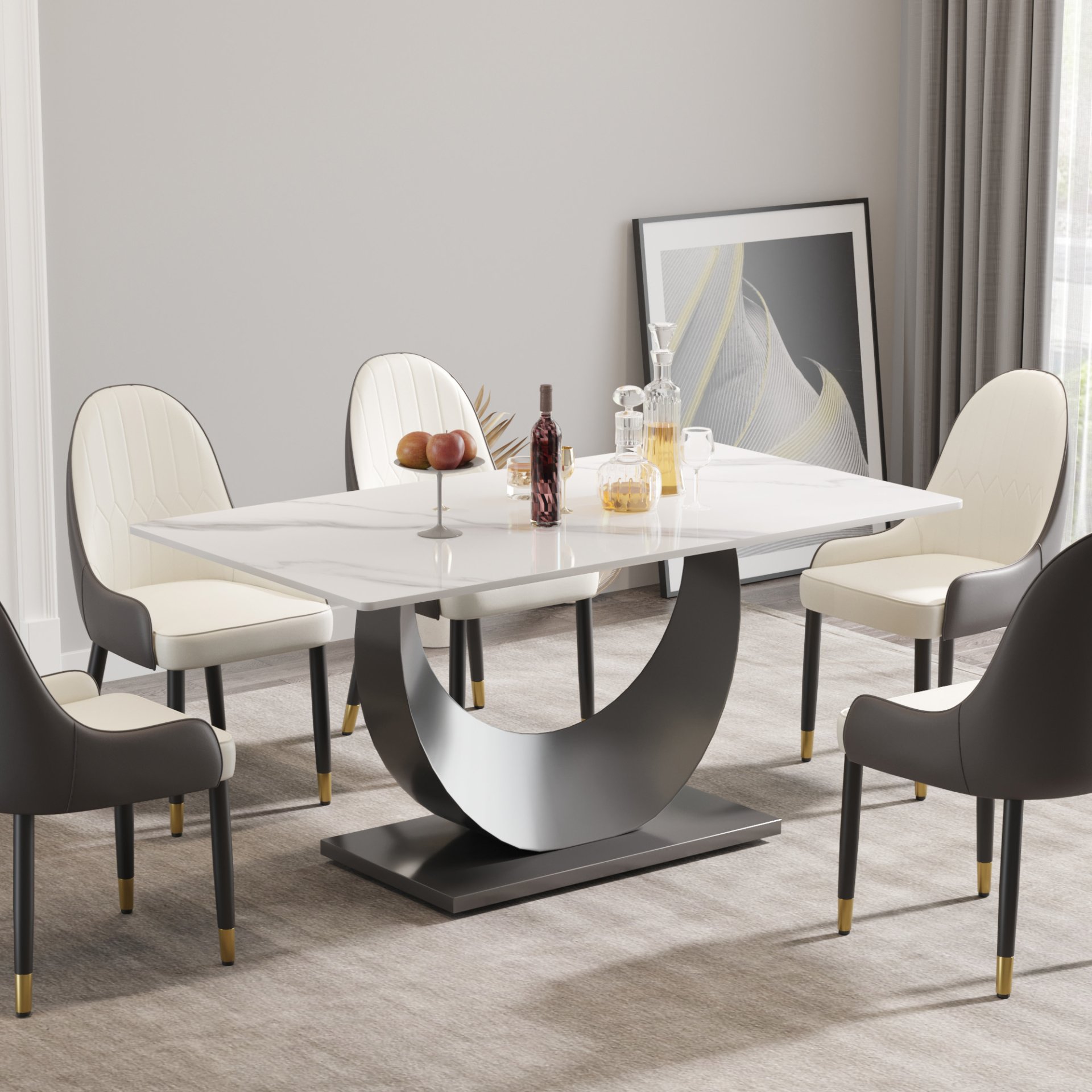63" Modern Artificial Stone Crescent-Shaped Metal Legs, Can Accommodate 6-8 People - White / Black - Image 2