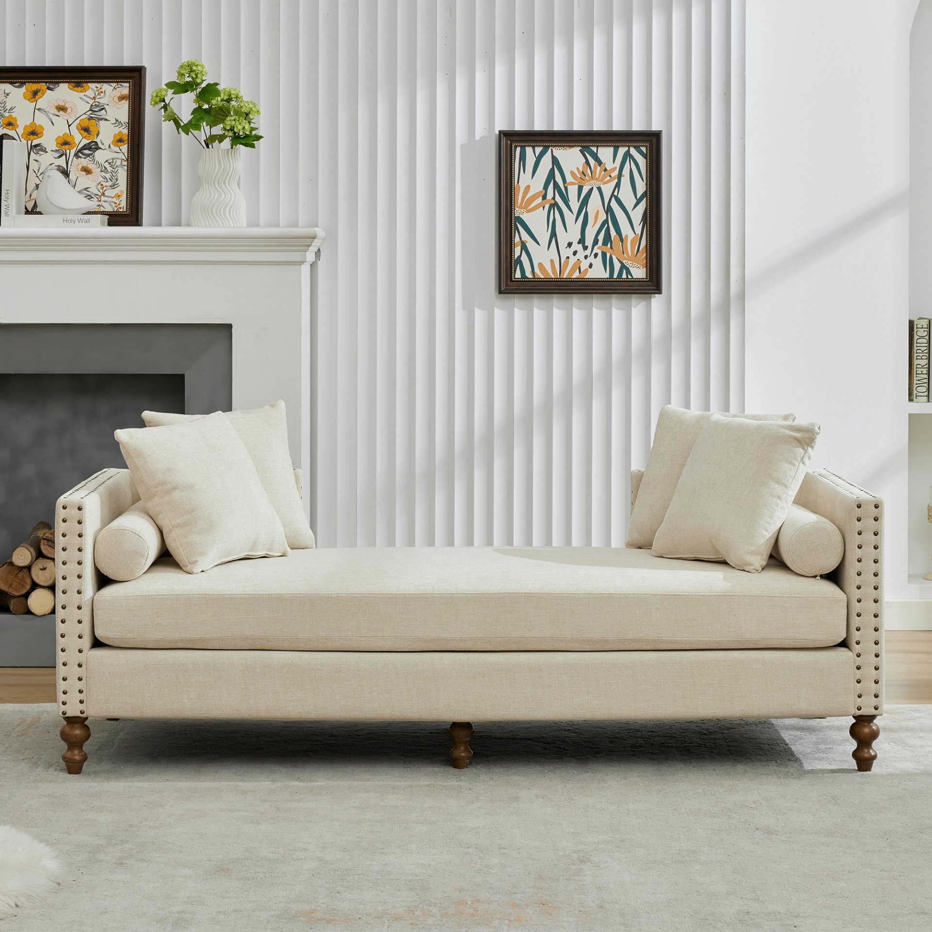 Chenille Upholstered Chaise Lounge With Nailheads, Sleeper Sofa Couch With 4 Throw Pillows & 2 Bolsters, Daybed With Rubberwood Legs - Beige - Image 4