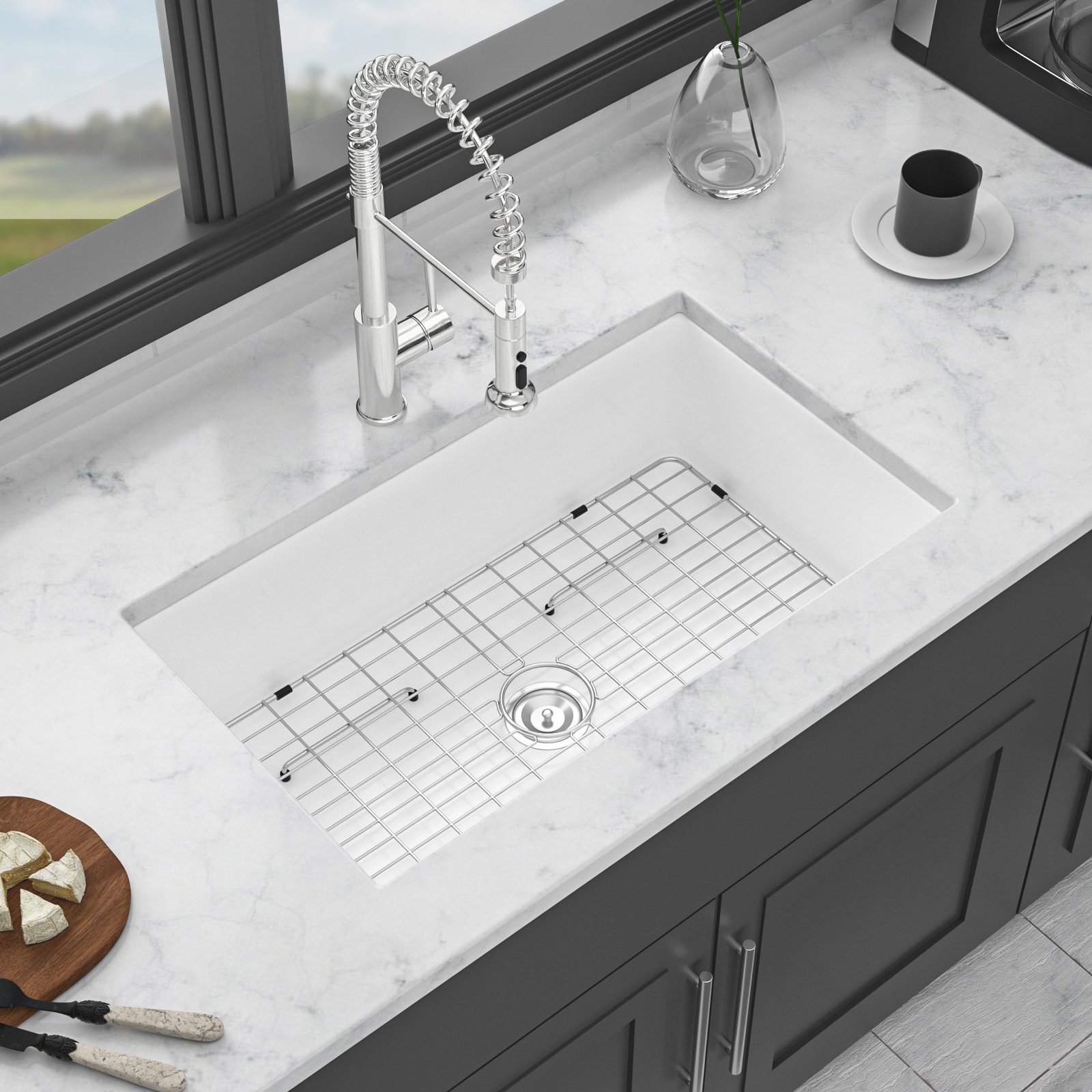 Elegant Ceramic 32" Undermount Single Bowl Kitchen Sink Dual Mount Deep Rectangular Basin - White - Image 2